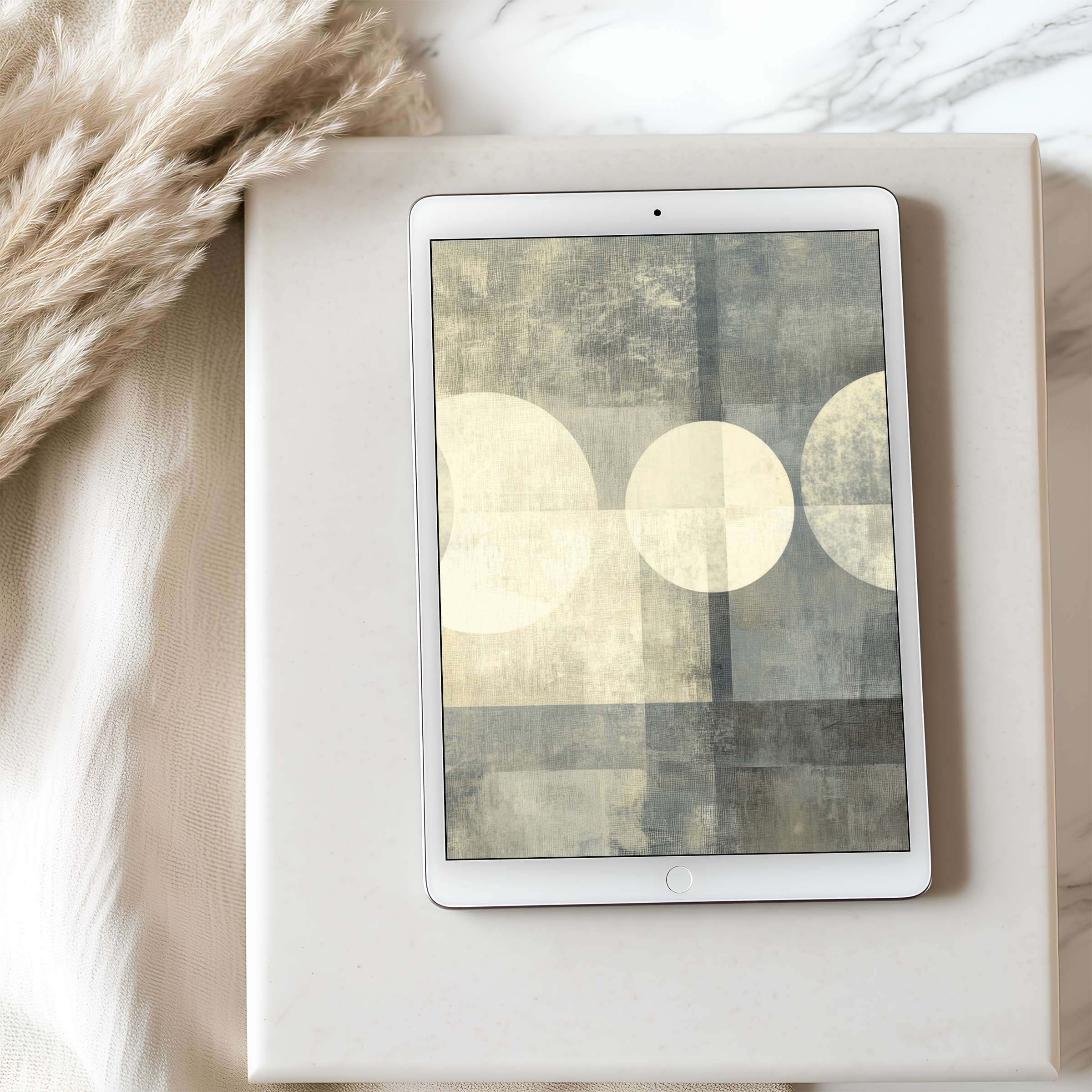 Elegant tablet wallpaper showcasing minimalist circles in soothing gray and cream hues offers high resolution for digital download on iPad