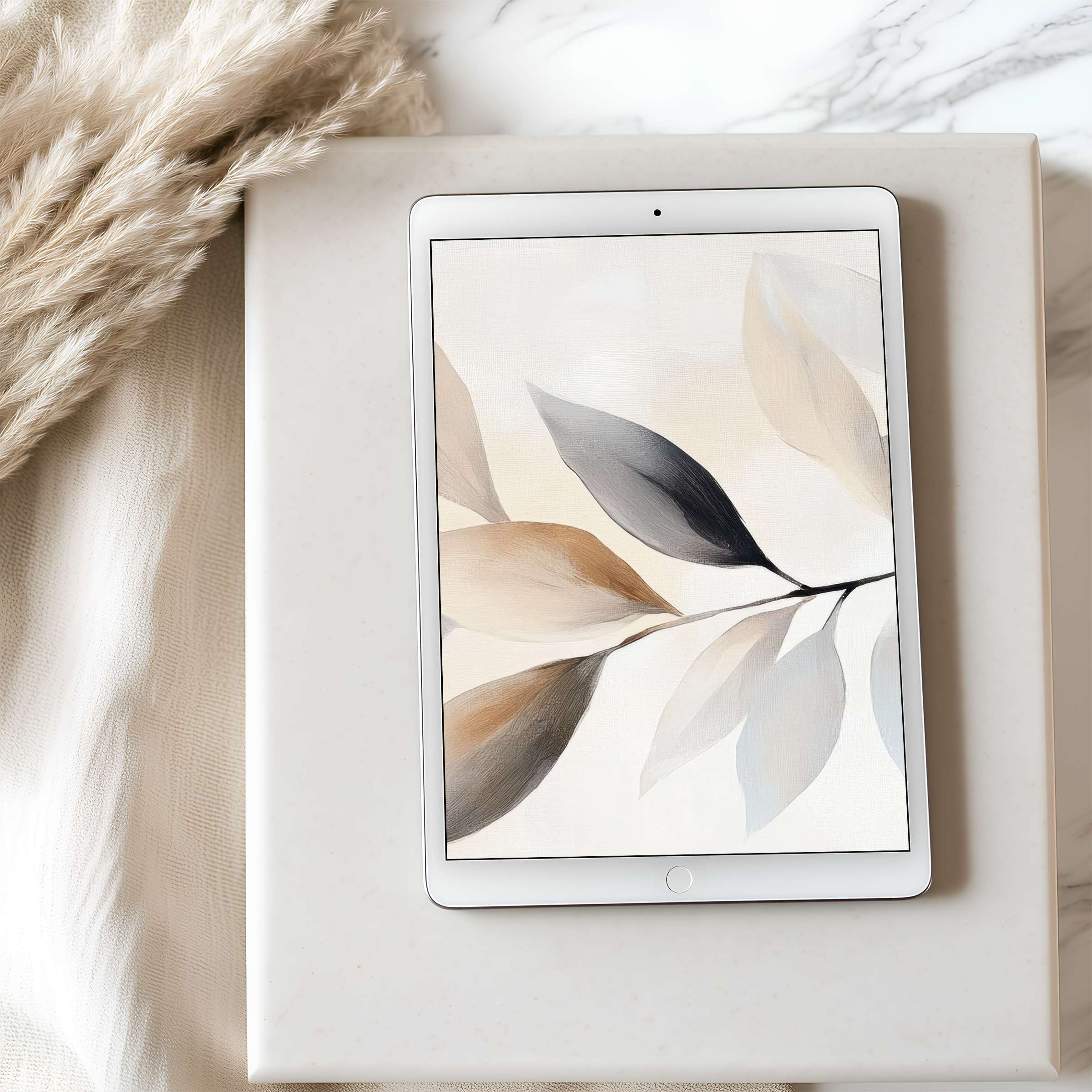 Elegant tablet wallpaper with soft, neutral leaf motifs on high-resolution display, perfect for iPad and Android tablets, digital download