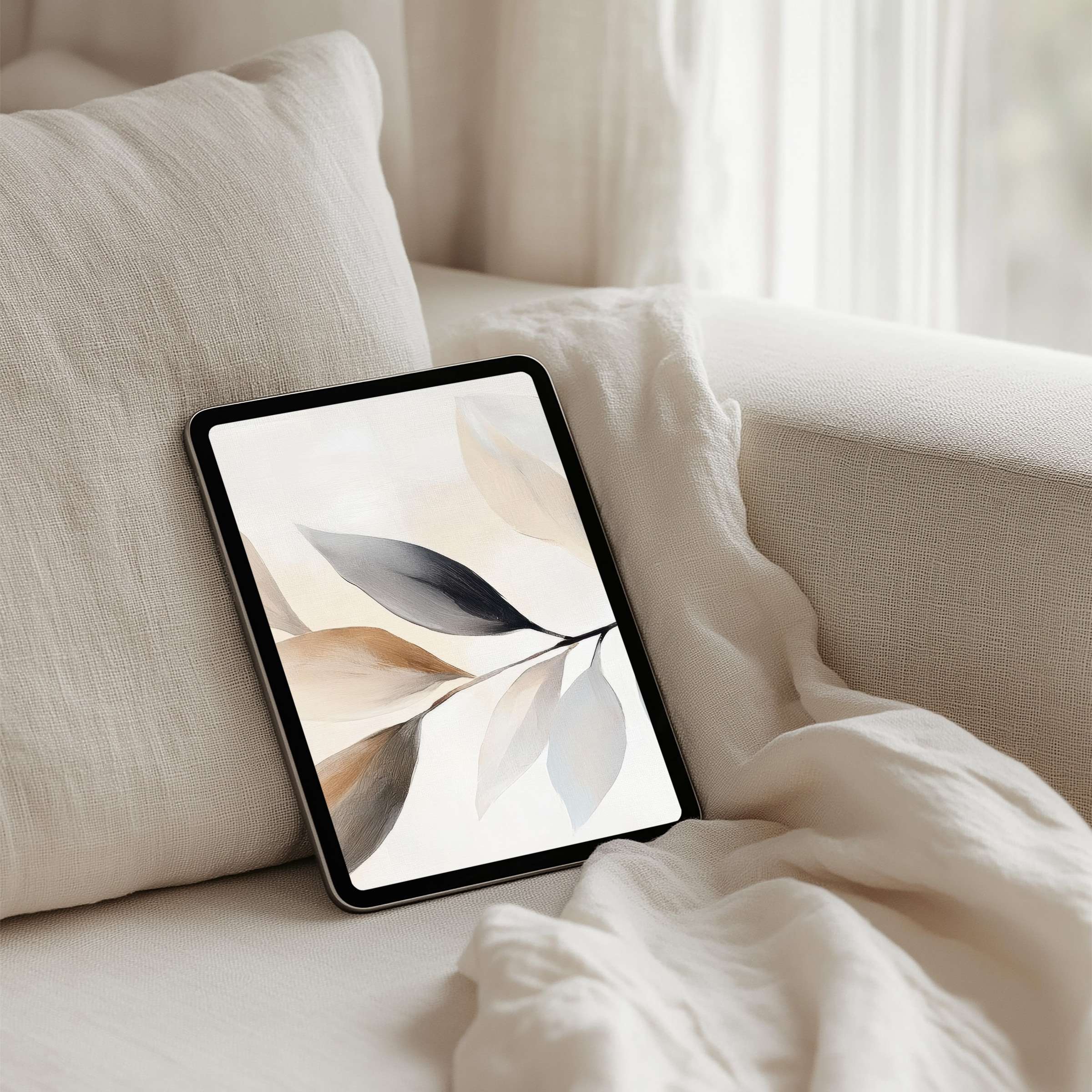 Luxurious iPad background featuring soft leaf art, ideal for instant download and use on any tablet, inspiring calm and elegance