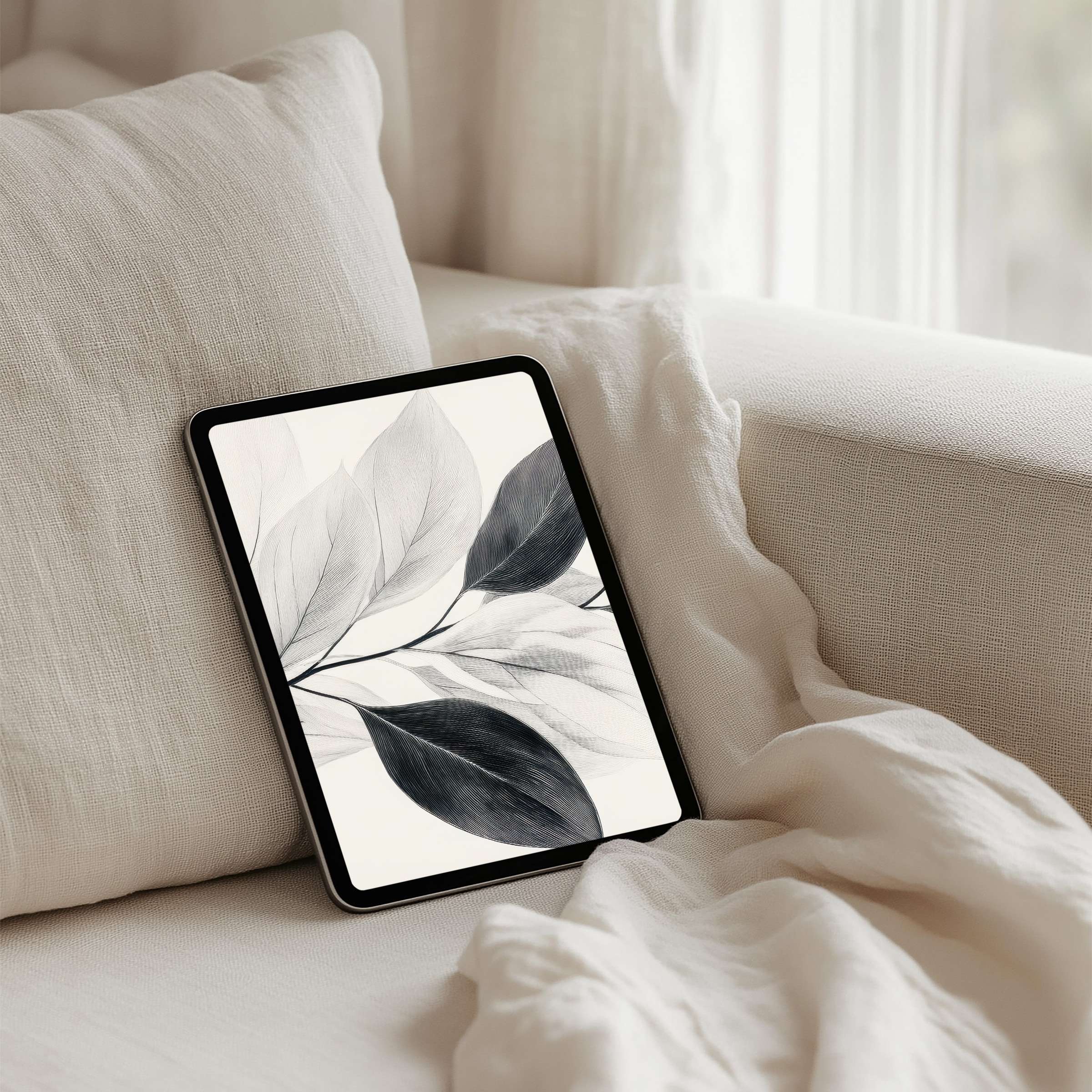 Elegant black and white leaf art for iPad background offers instant download for Samsung, Android tablets enhancing calm and inspiration