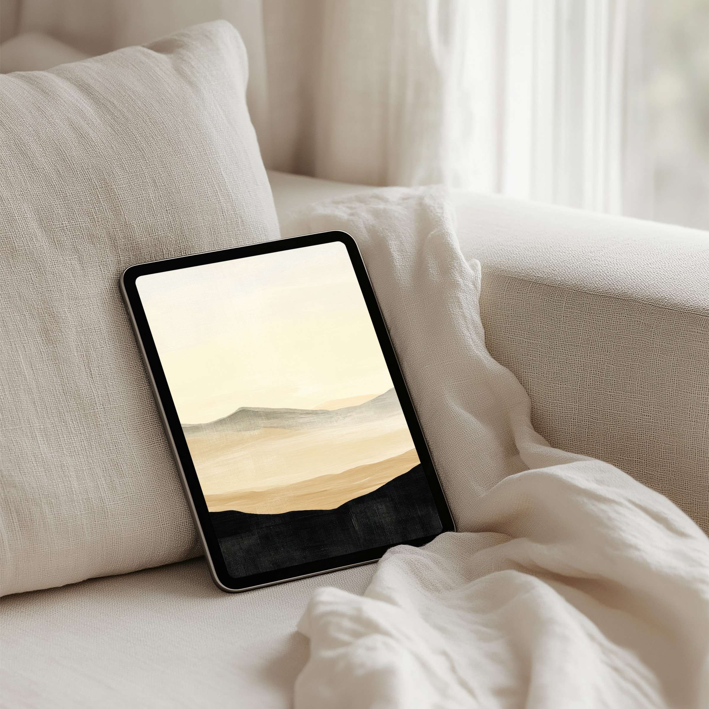 Elegant iPad background with serene landscape art in soothing earth tones for instant download ideal for any tablet user