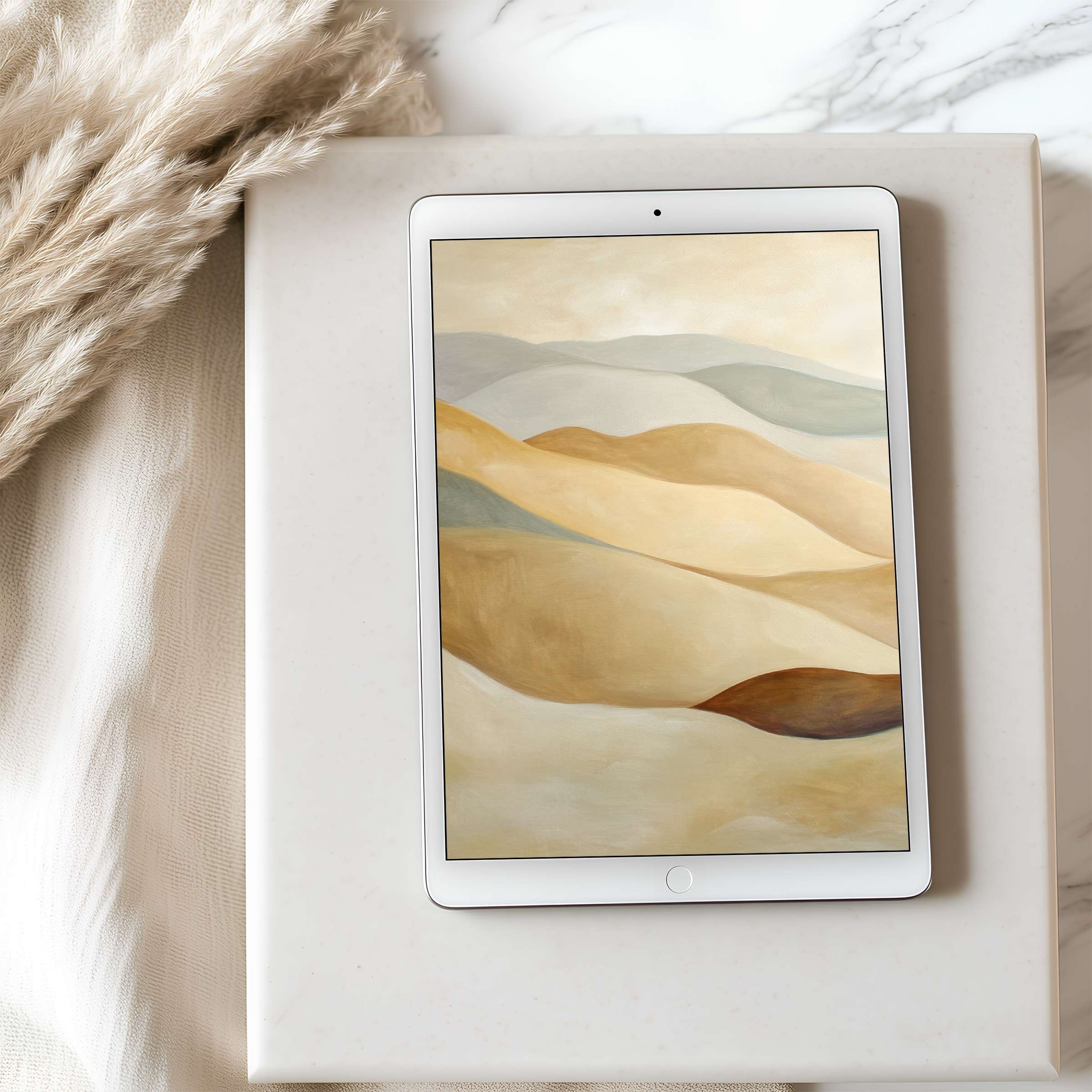 Elegant tablet wallpaper with serene, earthy abstract design on an iPad, enhancing digital tranquility and sustainability in any space