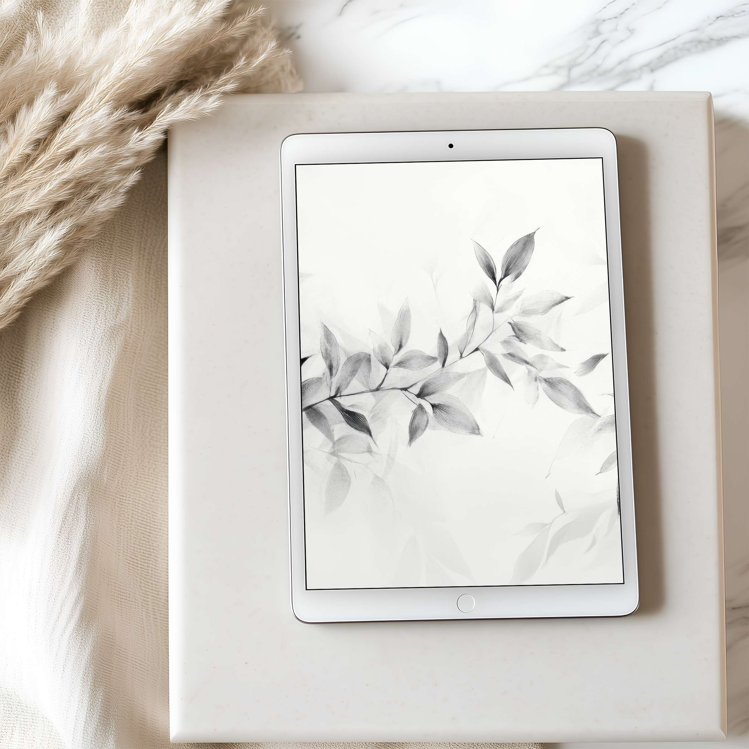 Elegant monochrome leaf art tablet wallpaper enhances calm spaces with high resolution for iPad and Android digital download