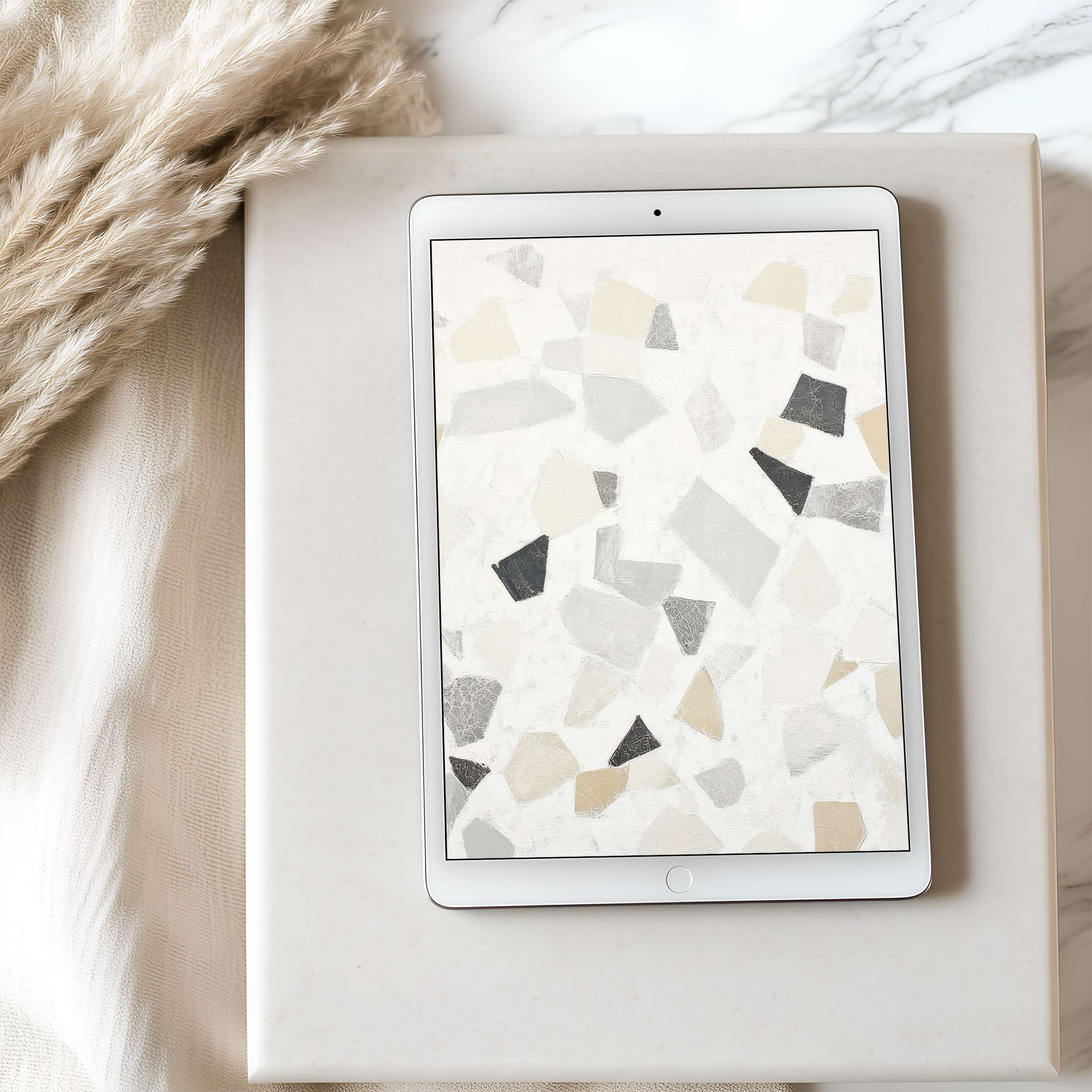 Elegant tablet wallpaper featuring a minimalist terrazzo pattern in soothing neutral tones suitable for iPad and Android tablets, digital download