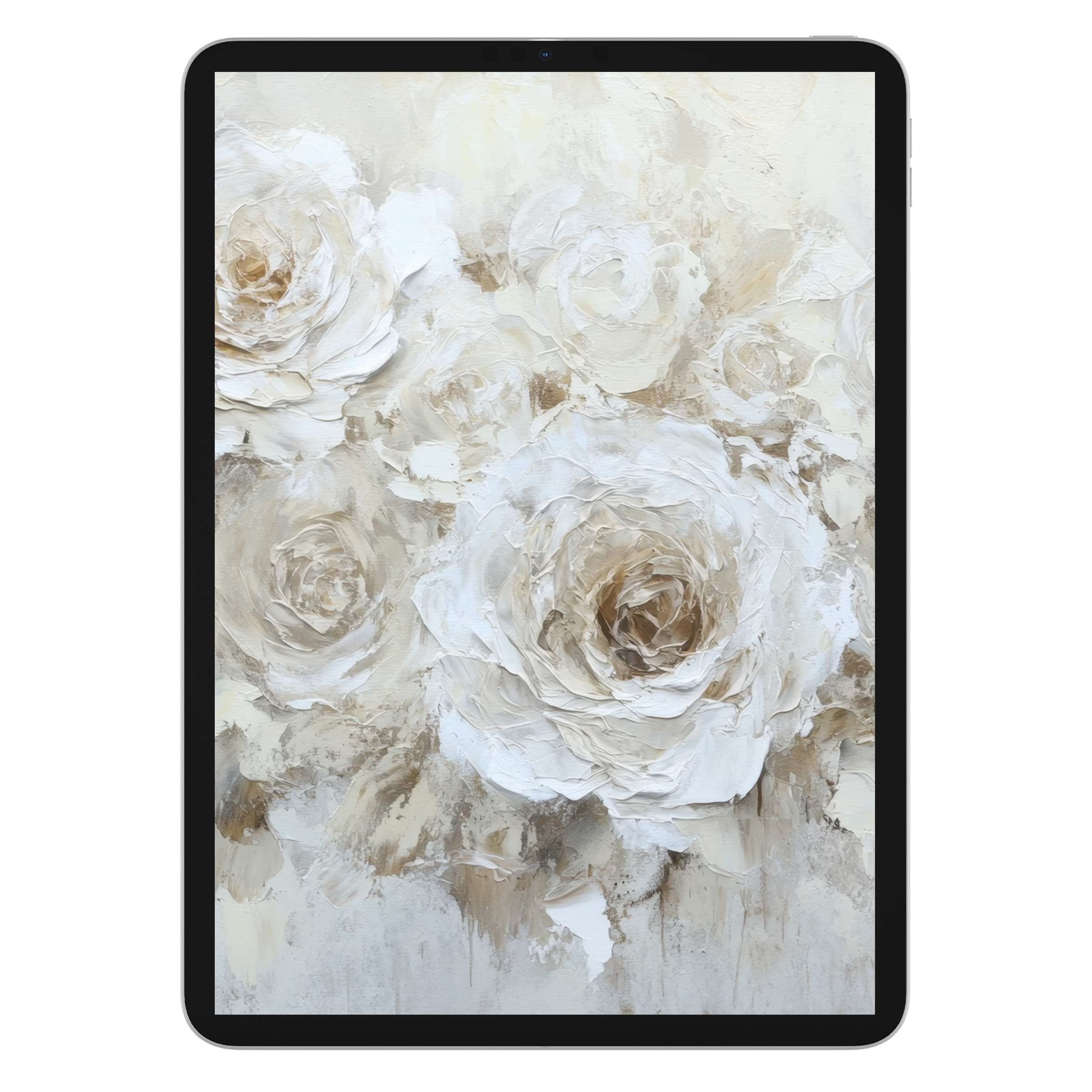 Elegant neutral iPad wallpaper featuring textured white roses; perfect digital download for a calming tablet background