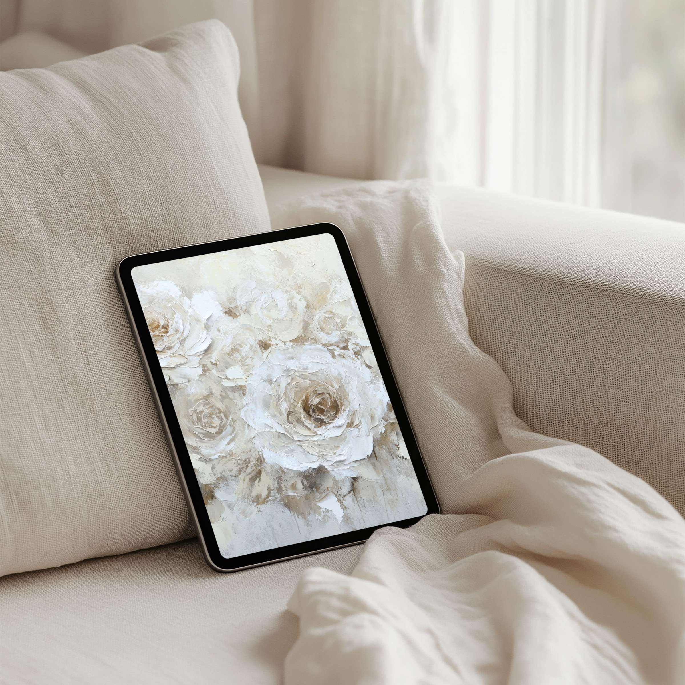 Elegant iPad background with serene floral art provides calm, instant download for all tablets, inspiring design-conscious users