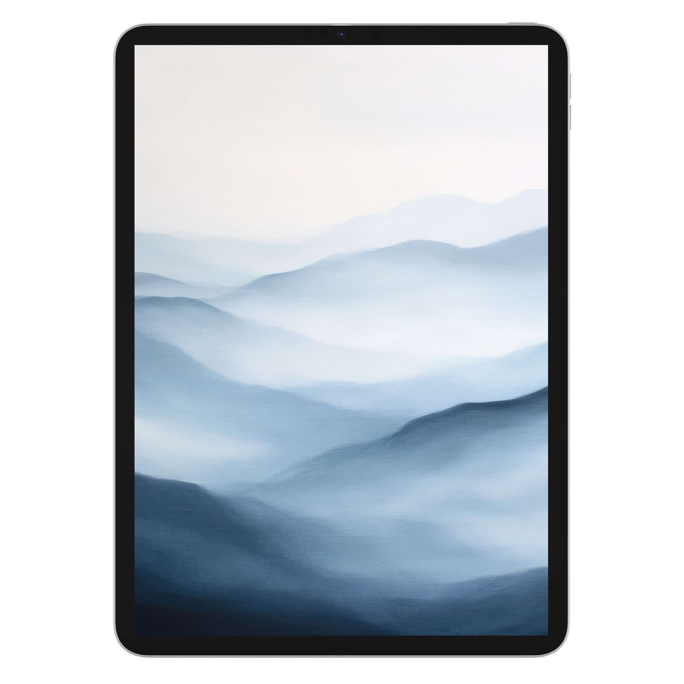 Serene neutral iPad wallpaper with tranquil blue-hued misty mountains, perfect digital download tablet background for Android devices