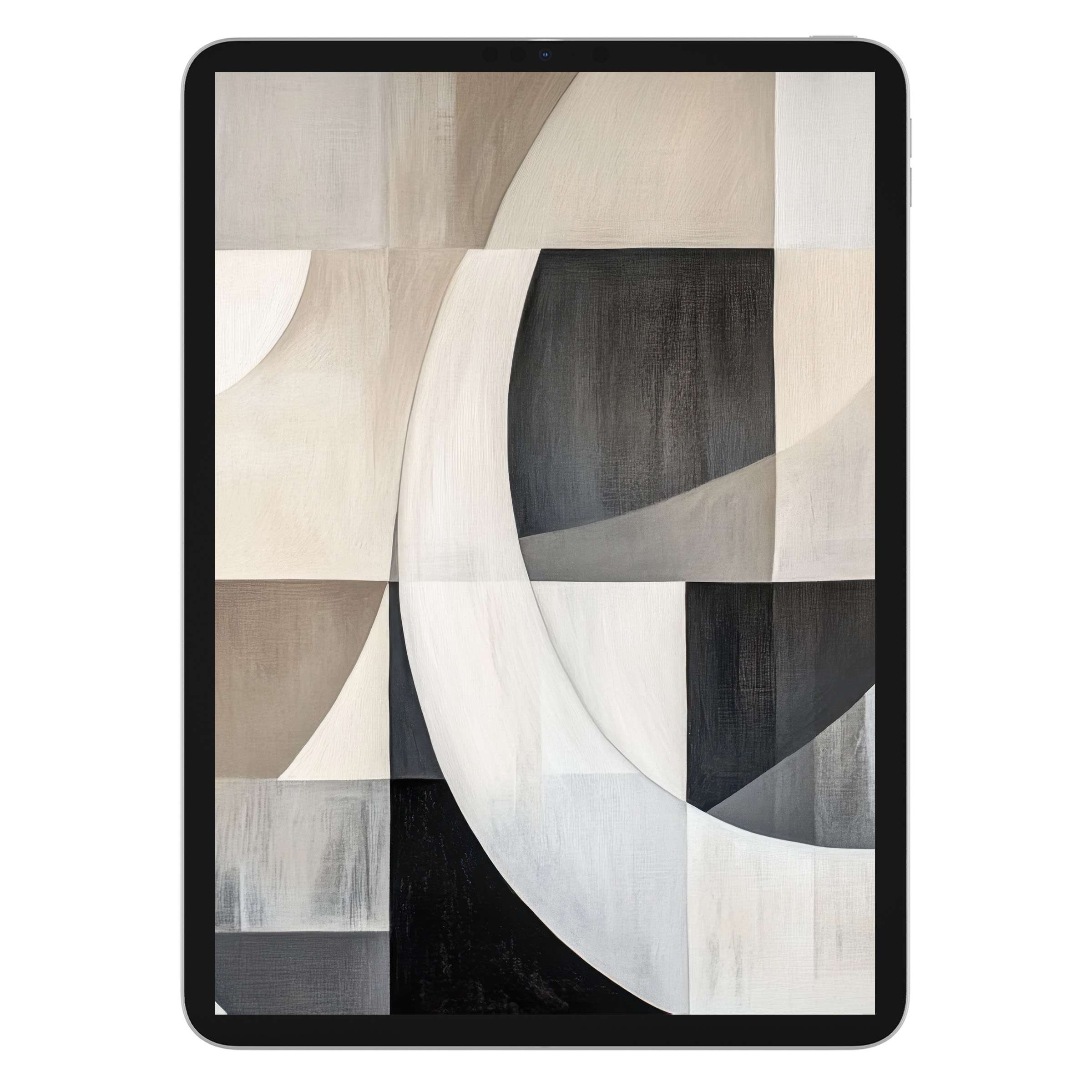 Elegant neutral iPad wallpaper, featuring abstract monochrome curves and geometric textures, perfect digital download for tablet background