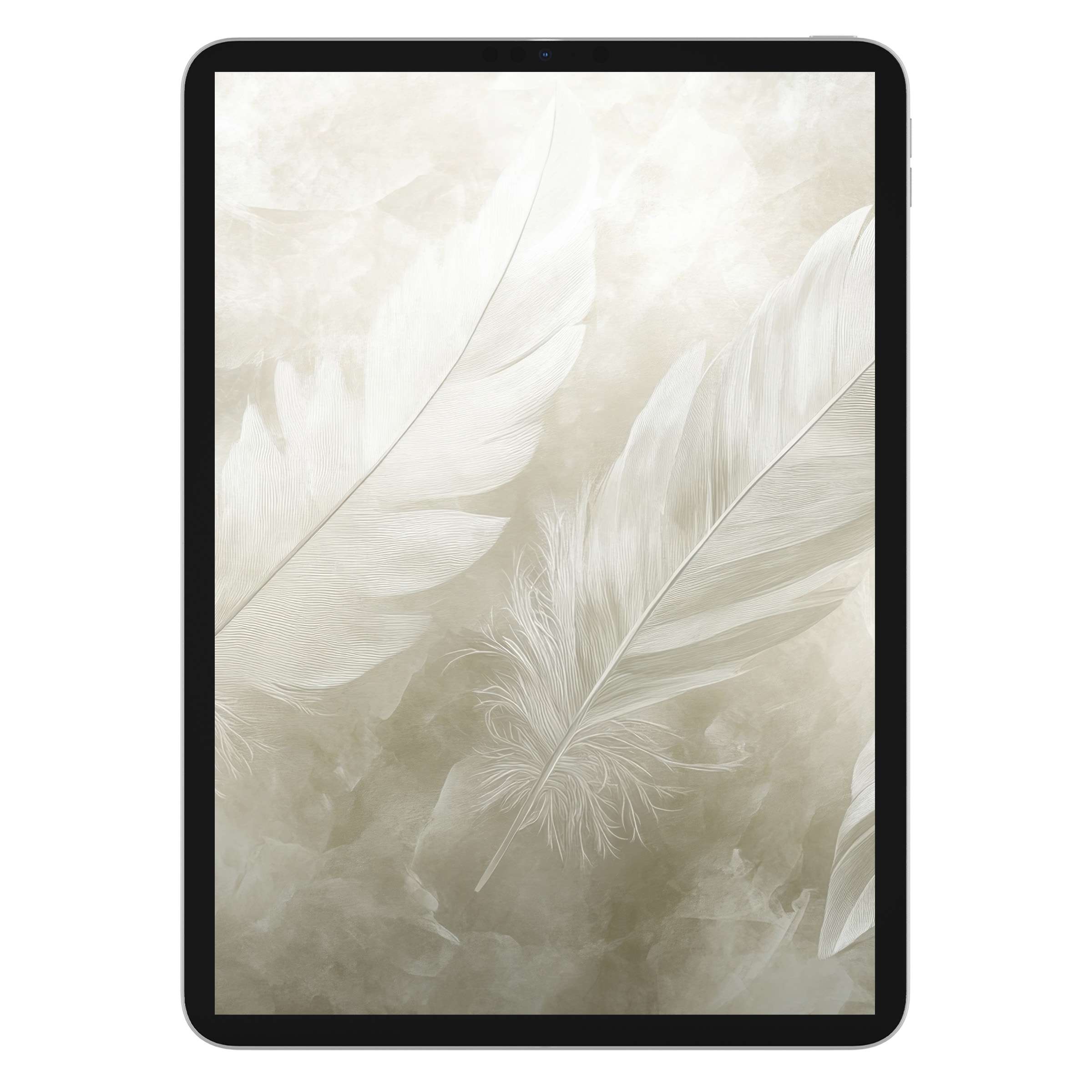 Elegant neutral iPad wallpaper with soft, airy feathers in beige tones offering a calming digital download for tablet backgrounds