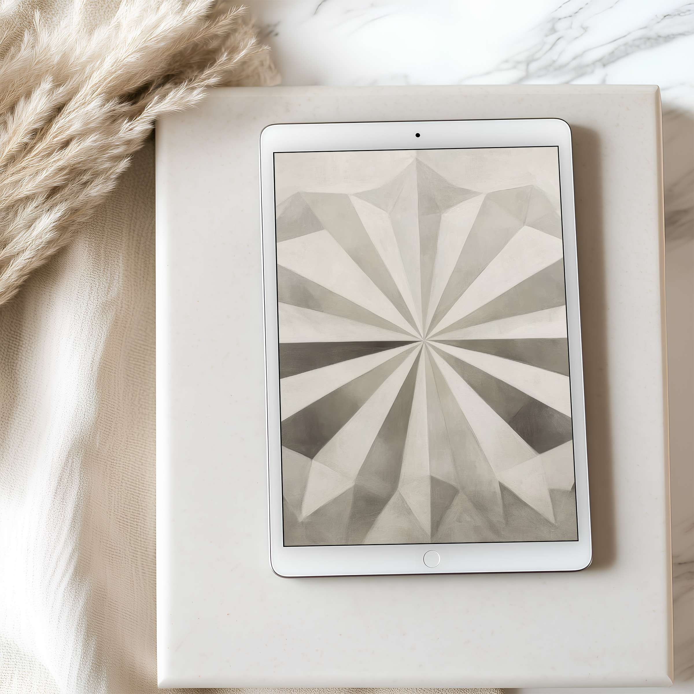 Elegant tablet wallpaper with geometric monochrome design, radiating calm, ideal for iPad and Android; high-resolution digital download