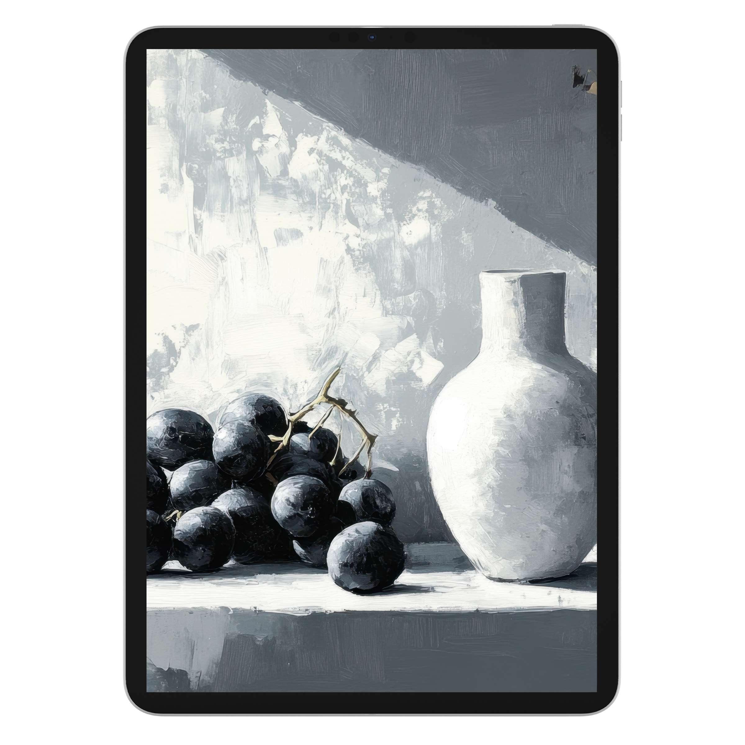 Neutral iPad wallpaper features elegant grayscale still life with vase and grapes, perfect digital download background for any tablet