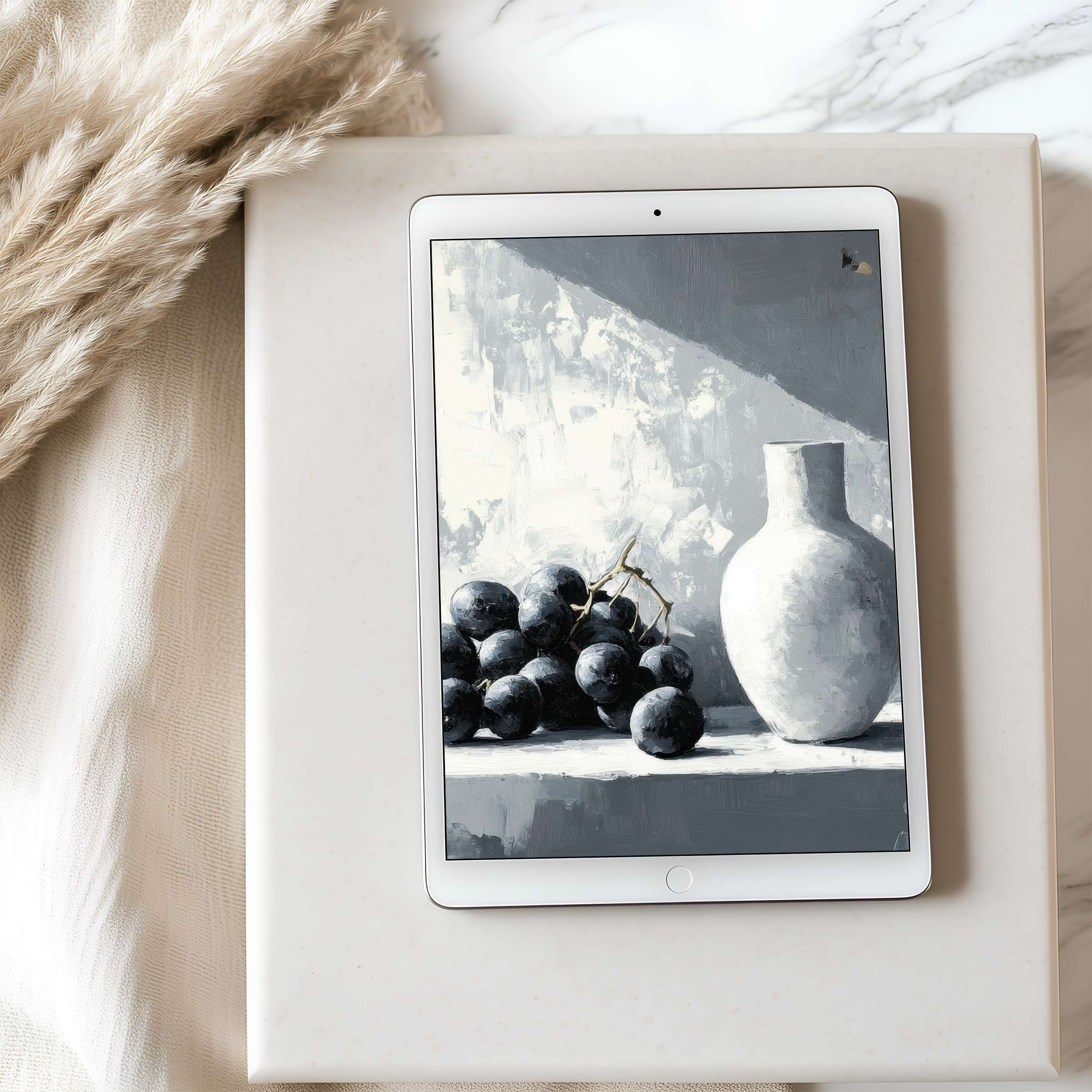 Elegant tablet wallpaper showcasing a grayscale still life with grapes and a vase exudes calm sophistication perfect for iPad use