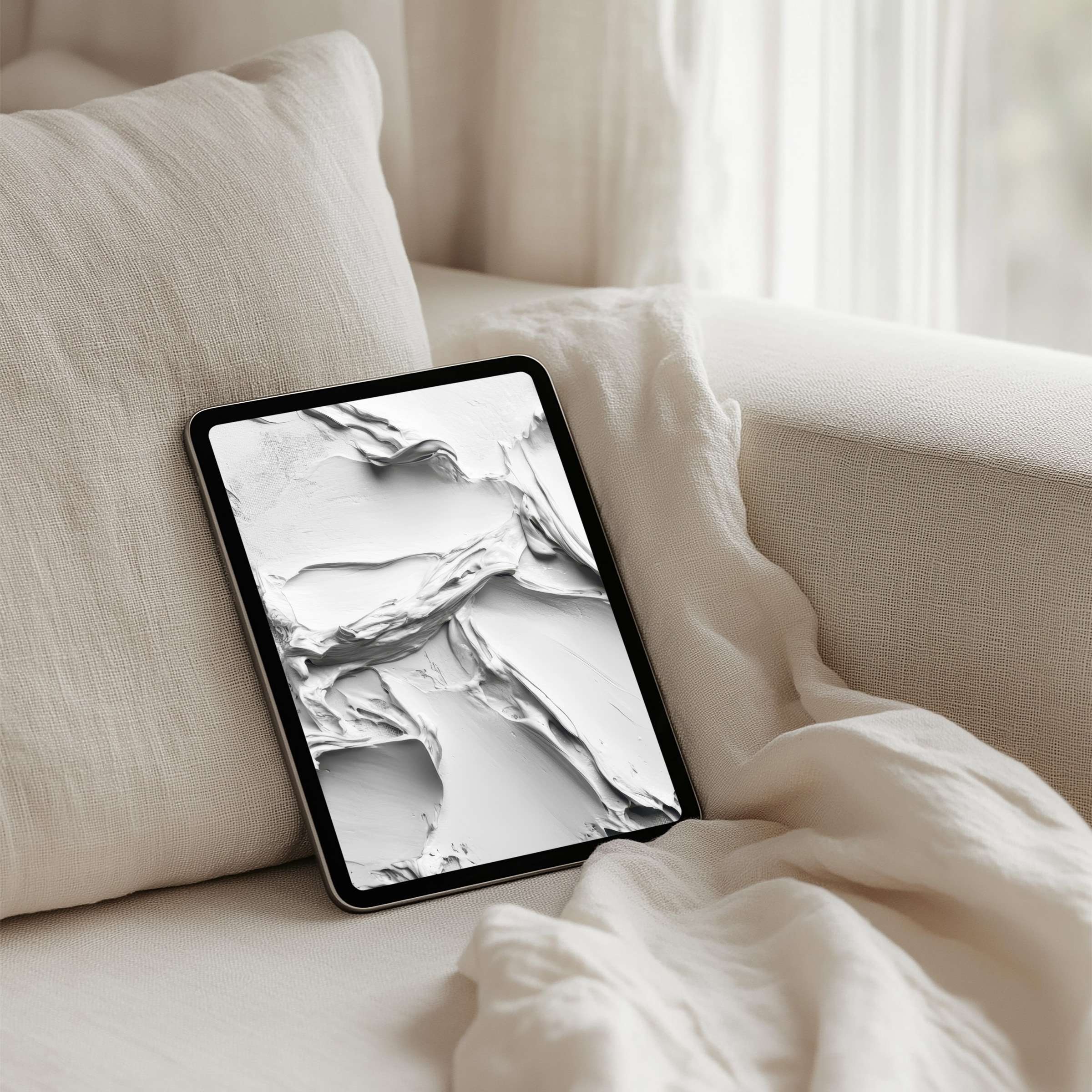 Elegant abstract iPad background in calming whites offers instant download for tablets, inspiring mindfulness and aesthetic appeal