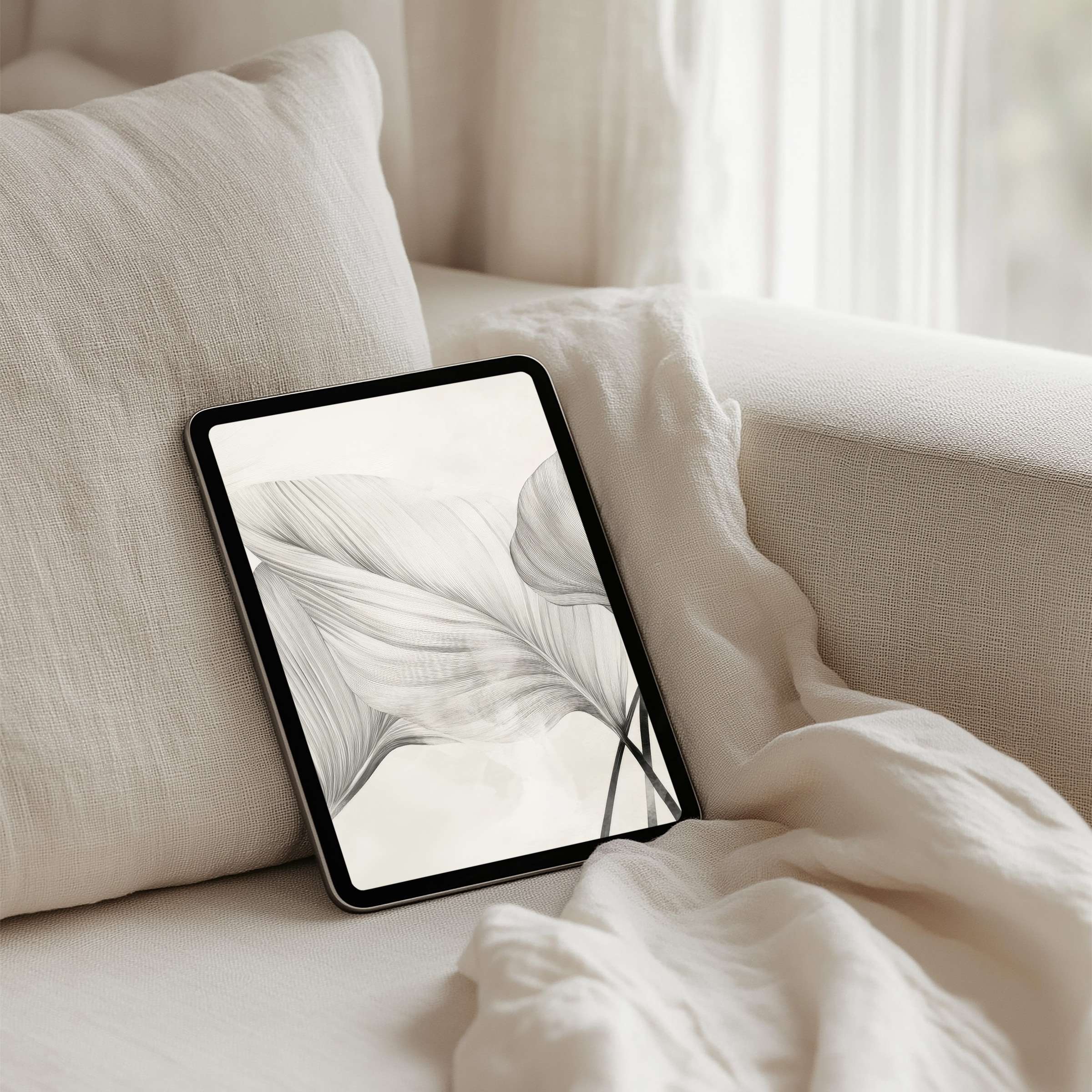 Elegant grayscale leaf iPad background for instant download, enhances any tablet with a calm and inspiring aesthetic touch