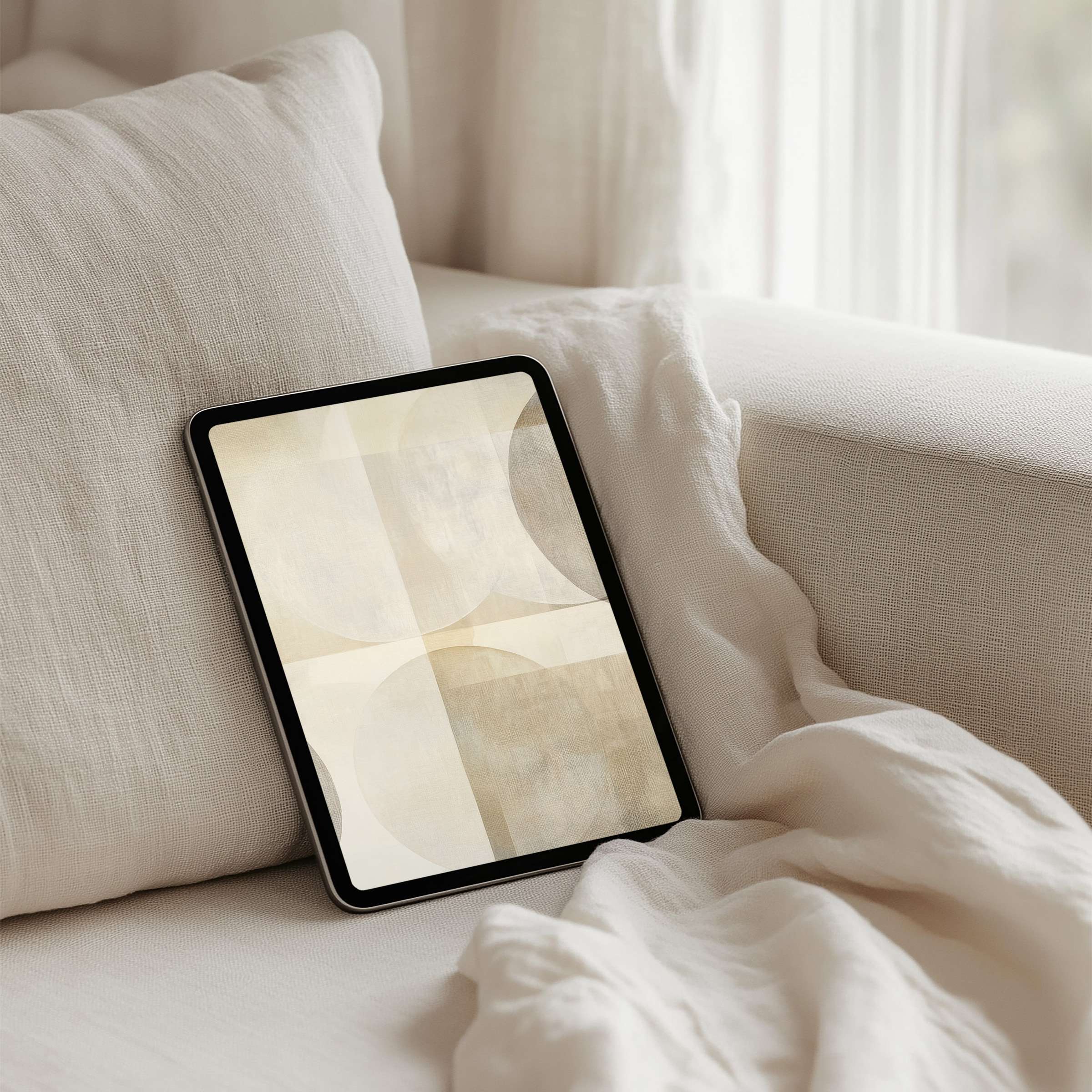 Elegant abstract iPad background with serene beige textures, perfect for instant download to enhance any tablet with calming inspiration