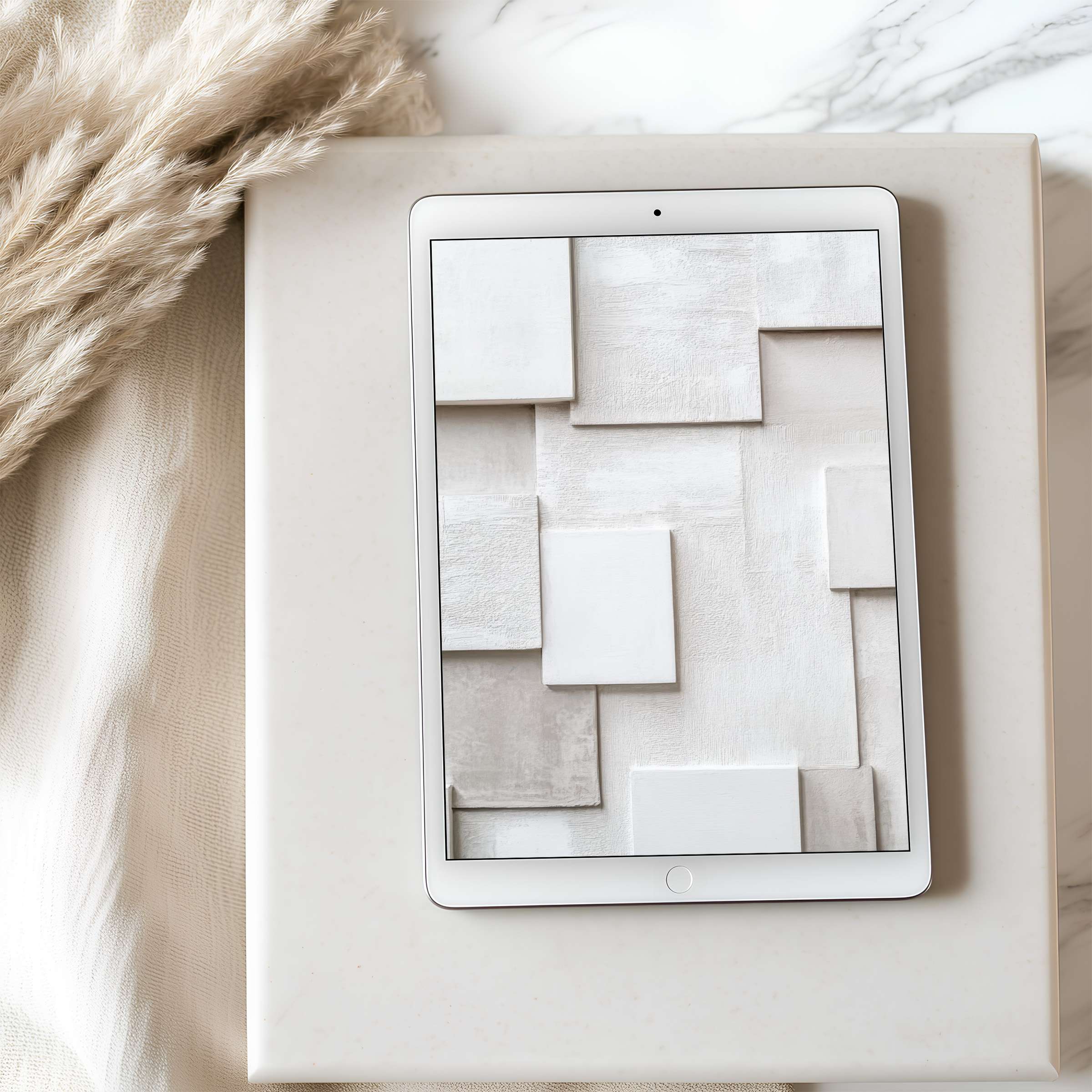 Elegant tablet wallpaper showcasing textured geometric patterns in soft whites, ideal for a calming, high-resolution iPad download