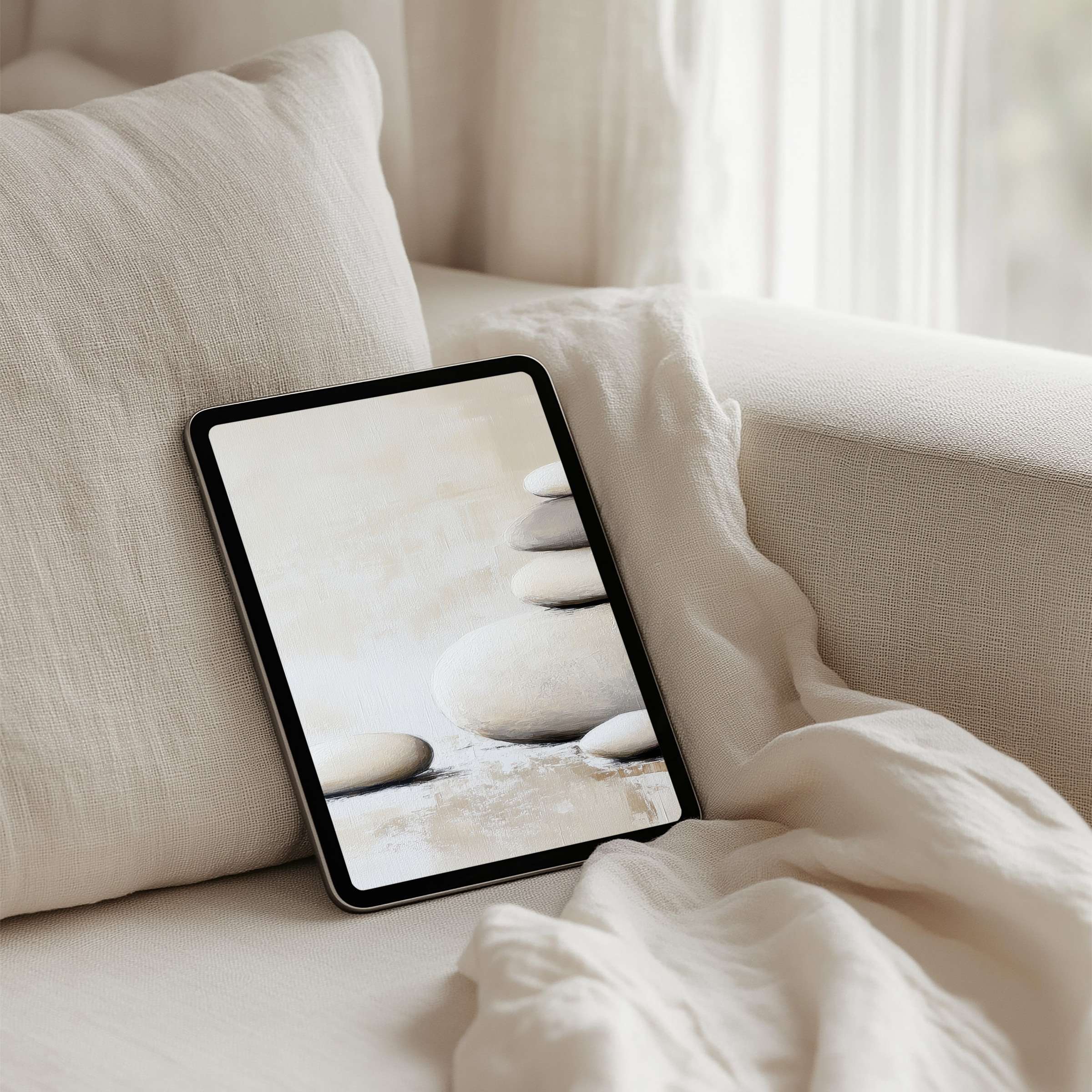 Elegant stacked stones iPad background inspires calm and mindfulness, perfect for tablet users seeking instant download and serenity