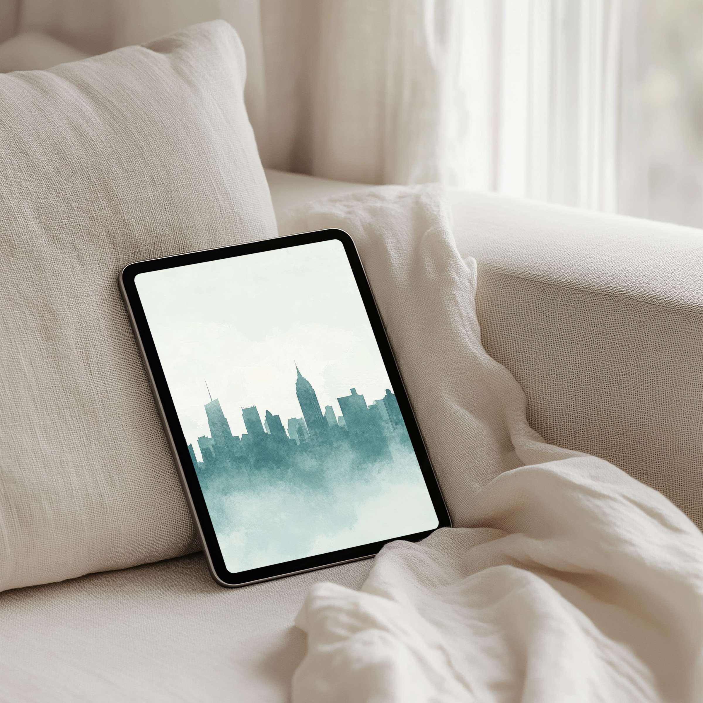 Elegant watercolor cityscape iPad background for instant download on any tablet inspiring calm and mindfulness in your space