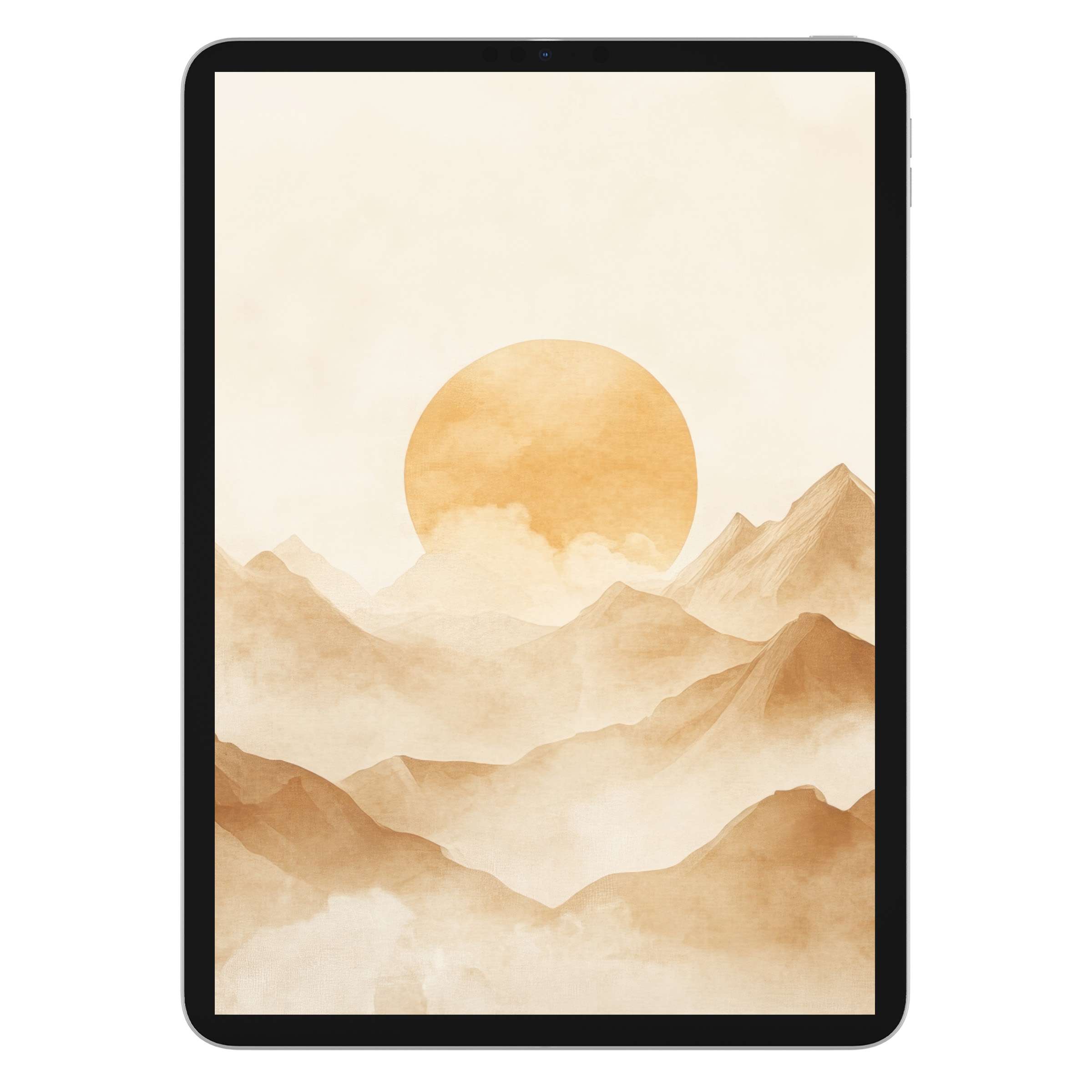 Neutral iPad wallpaper with a serene watercolor sunrise over misty mountains, perfect digital download for elegant tablet background