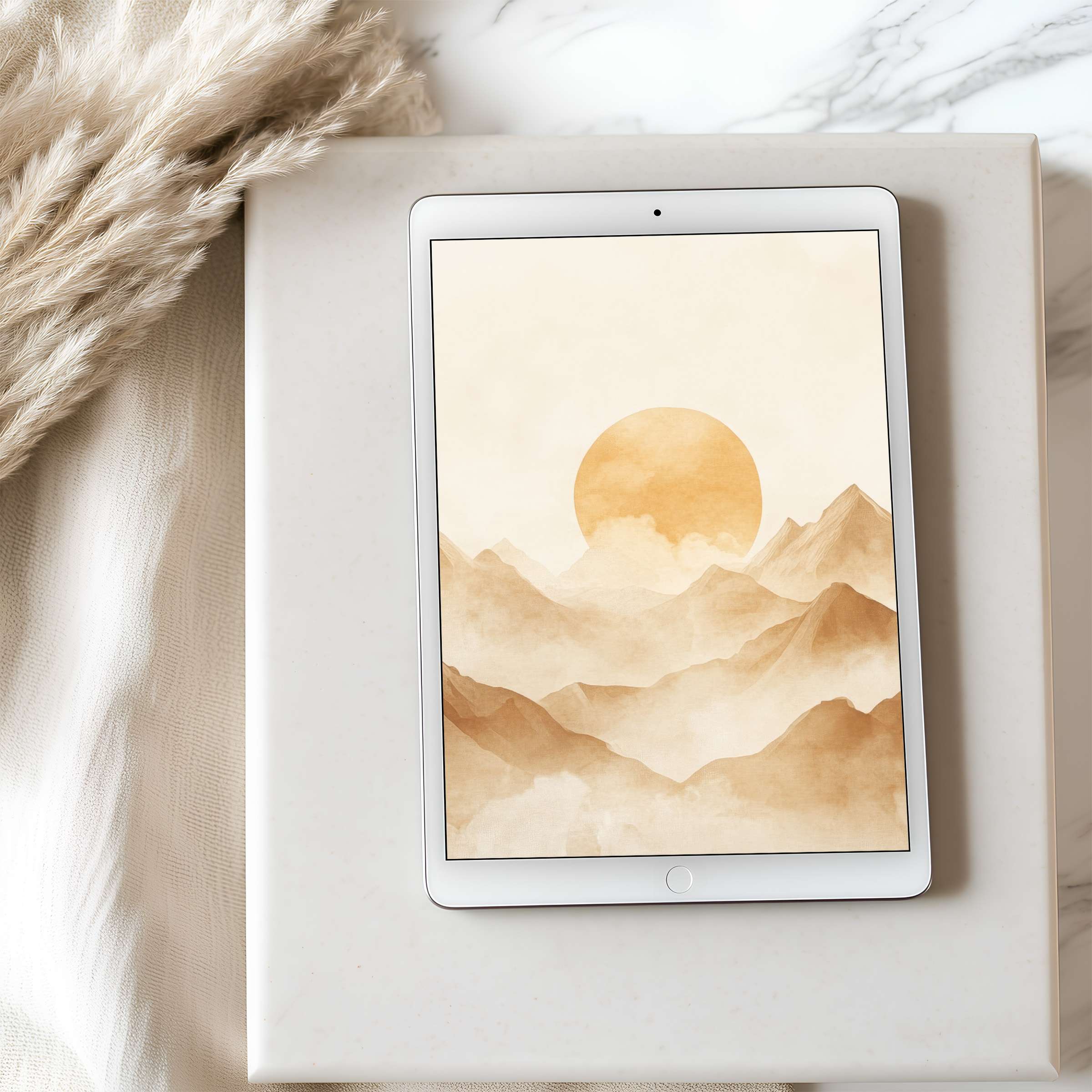 Elegant tablet wallpaper with serene mountains and sun in soft earthy tones, perfect for high-resolution iPad digital download