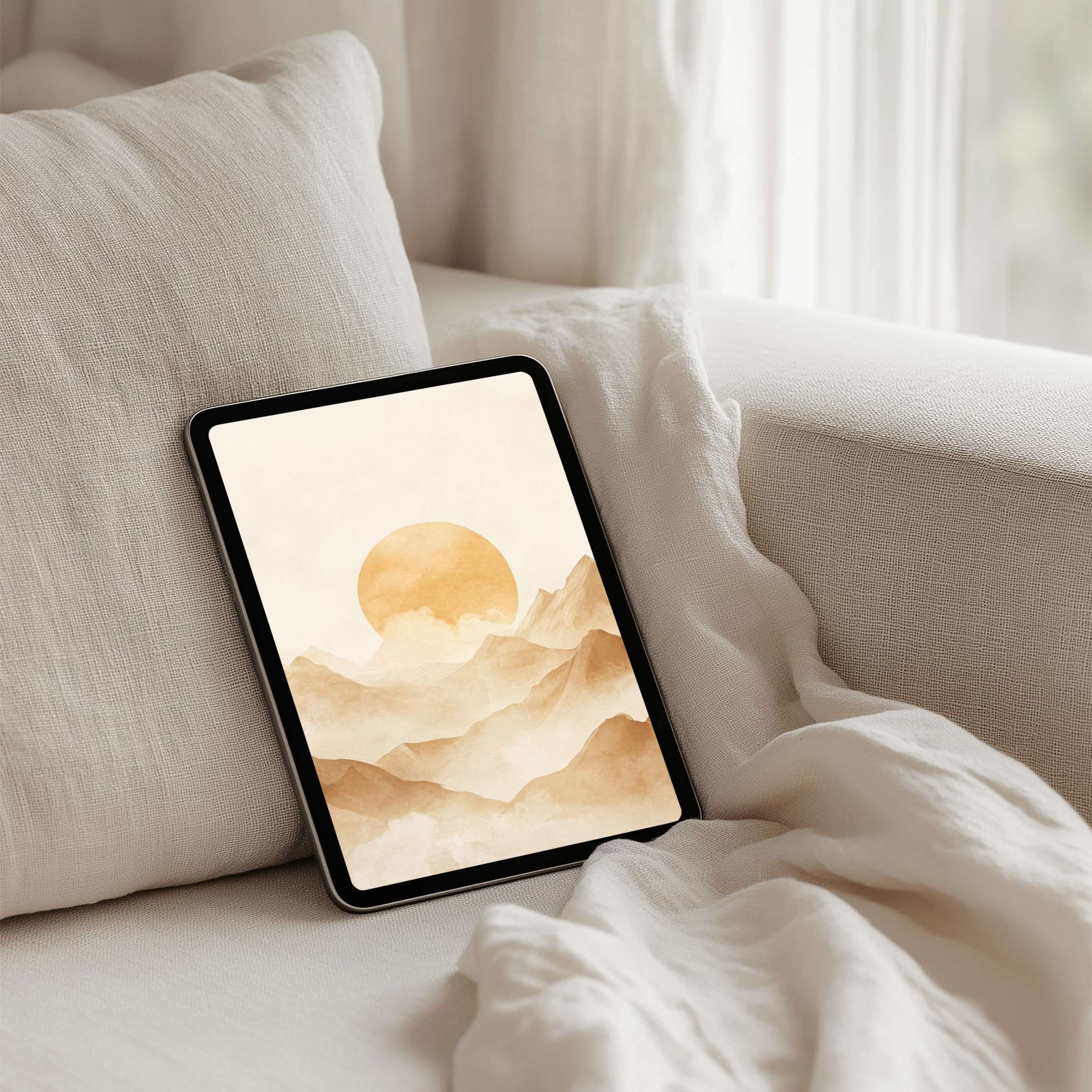 Elegant watercolor landscape iPad background for instant download inspires calmness on tablets, blending nature’s serenity with modern design