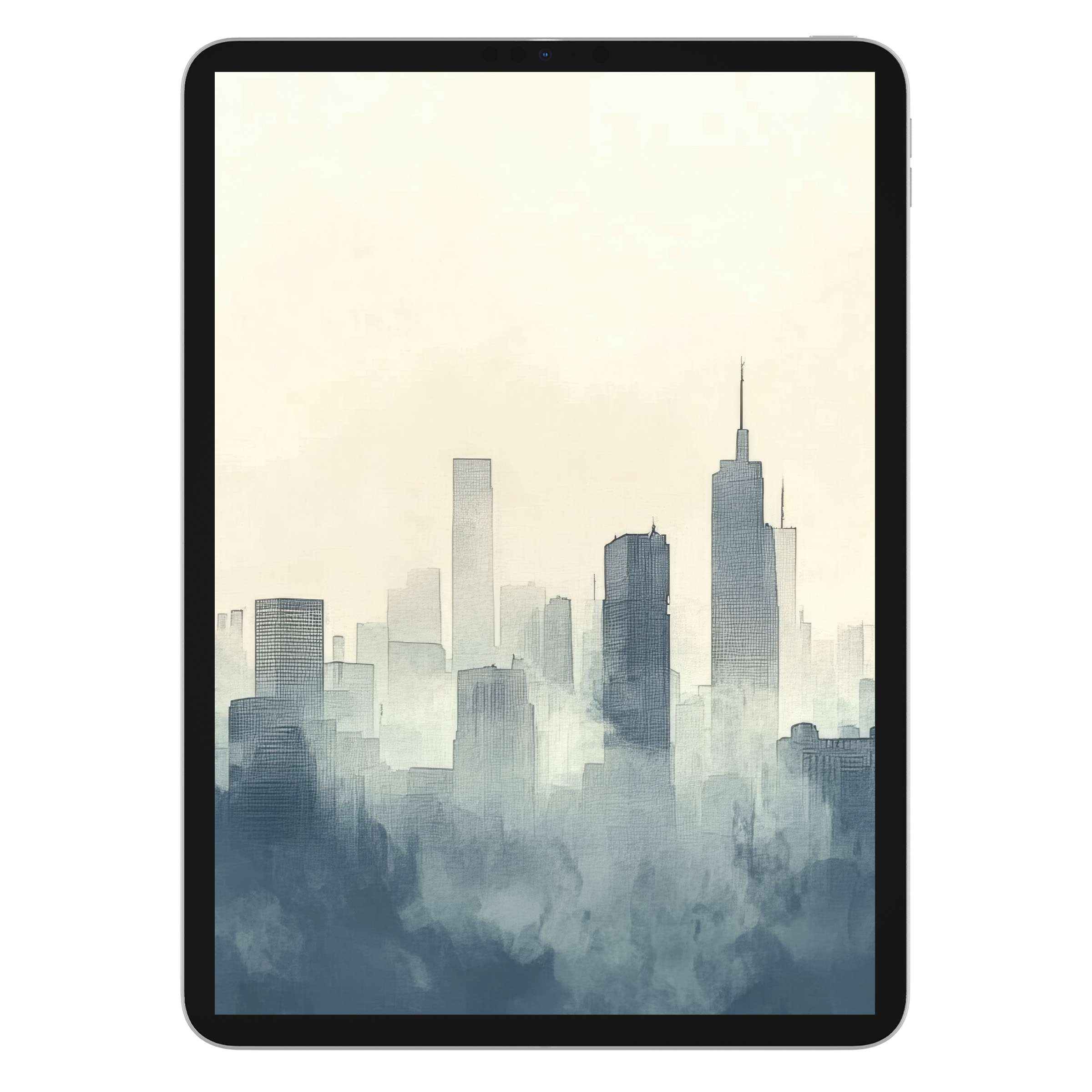 Elegant neutral iPad wallpaper with misty cityscape watercolor for digital download, perfect tablet background for calm sophistication