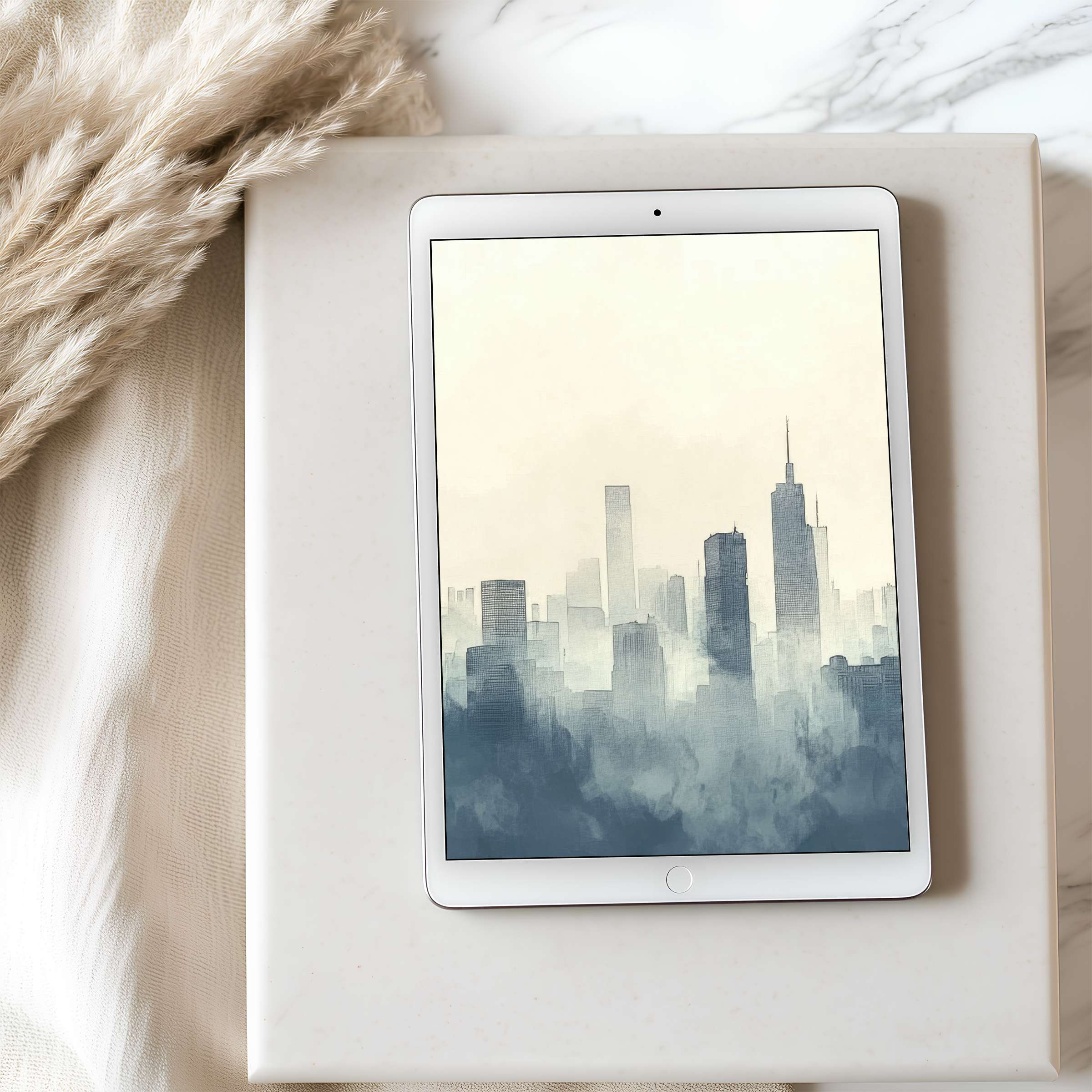 Elegant cityscape tablet wallpaper in soft hues, perfect for iPad or Android, offering tranquility in high resolution digital art download