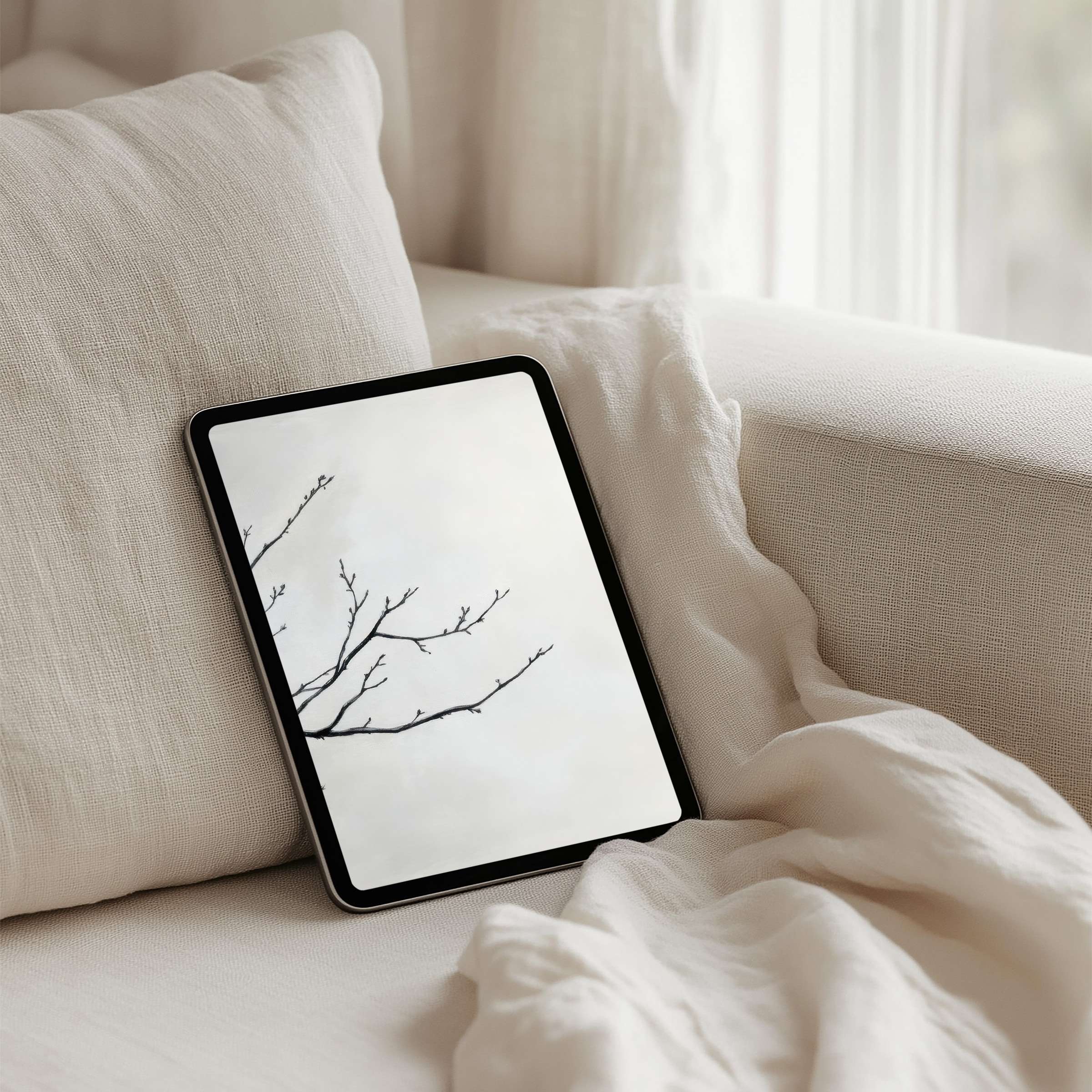 Elegant minimalist iPad background with delicate branches evokes calm and inspiration for your tablet instant download experience