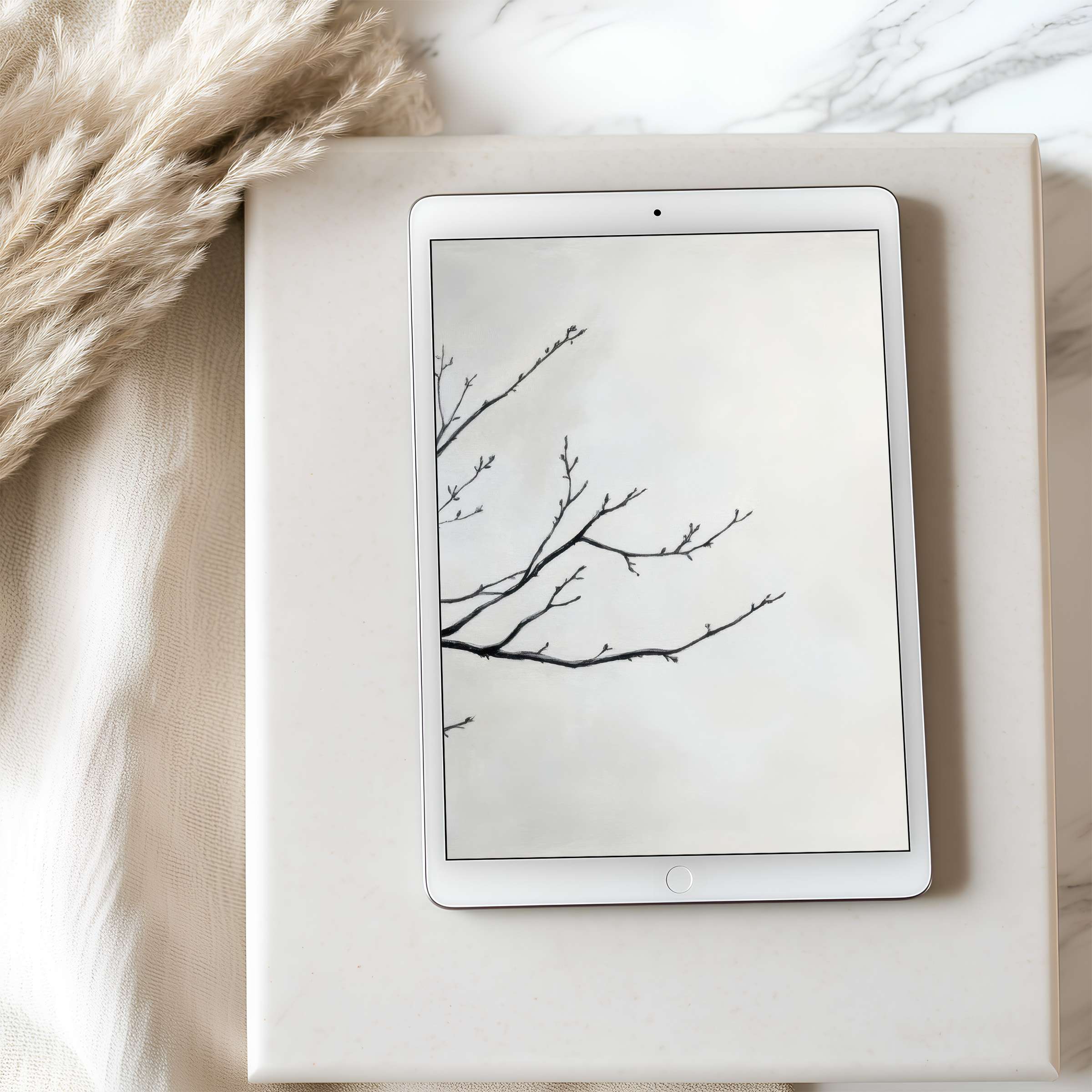 Serene tablet wallpaper featuring minimalist black tree branches on soft hues perfect for high-resolution iPad and Android downloads