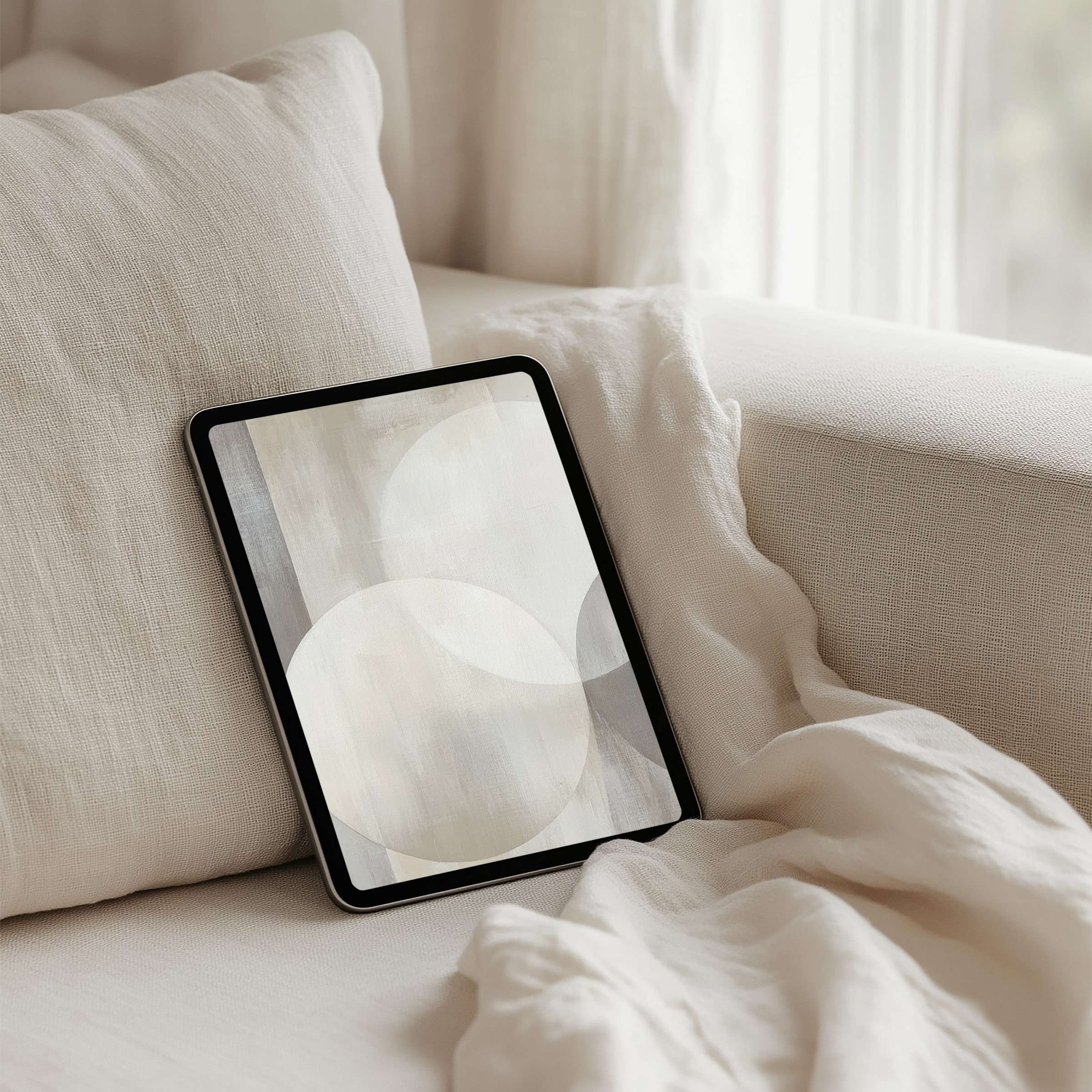 Elegant iPad background with calming neutral circles for instant download elevates tablet aesthetics and mindfulness in serene spaces