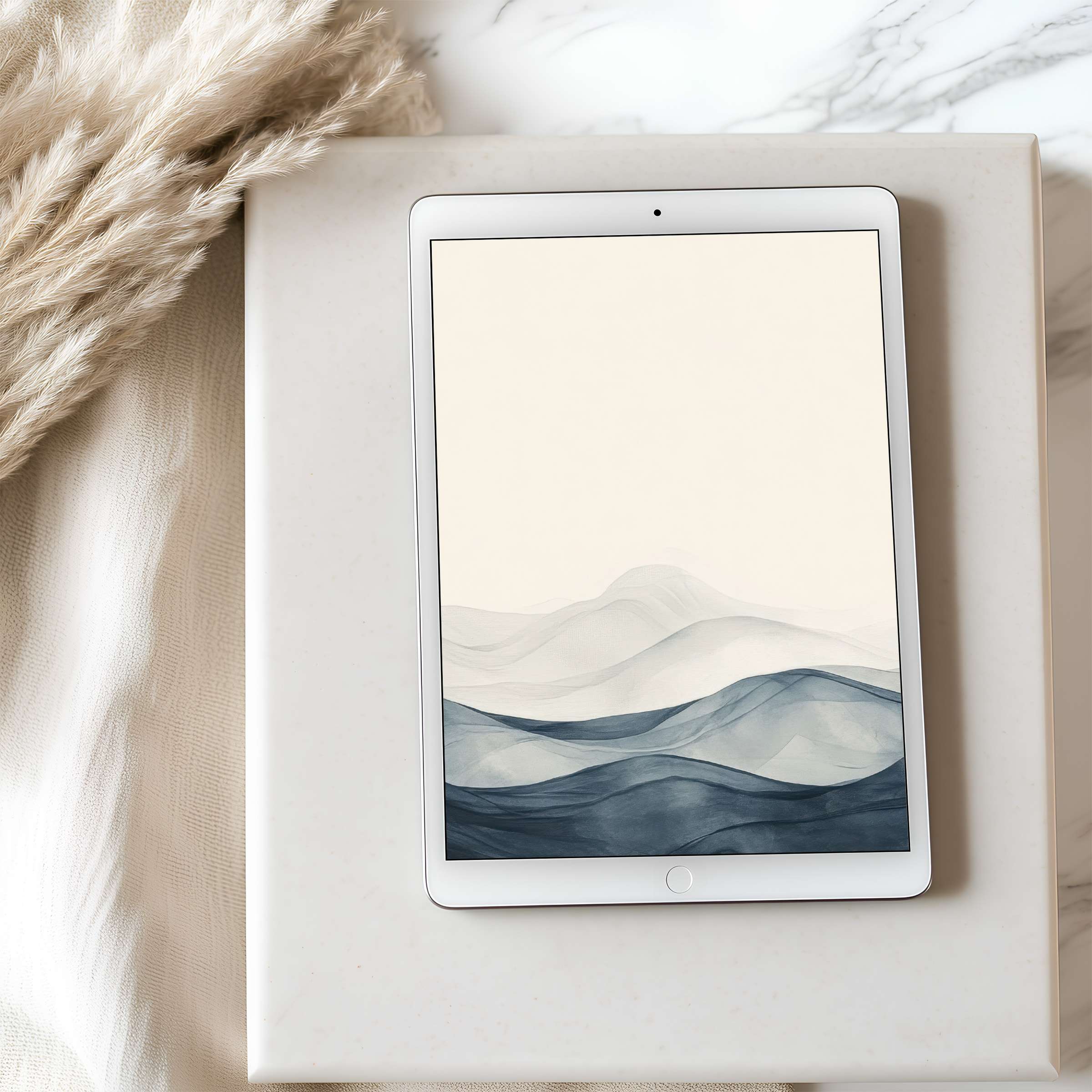 Serene tablet wallpaper featuring elegant abstract waves in calming blues and creams perfect for high-resolution iPad and Android downloads