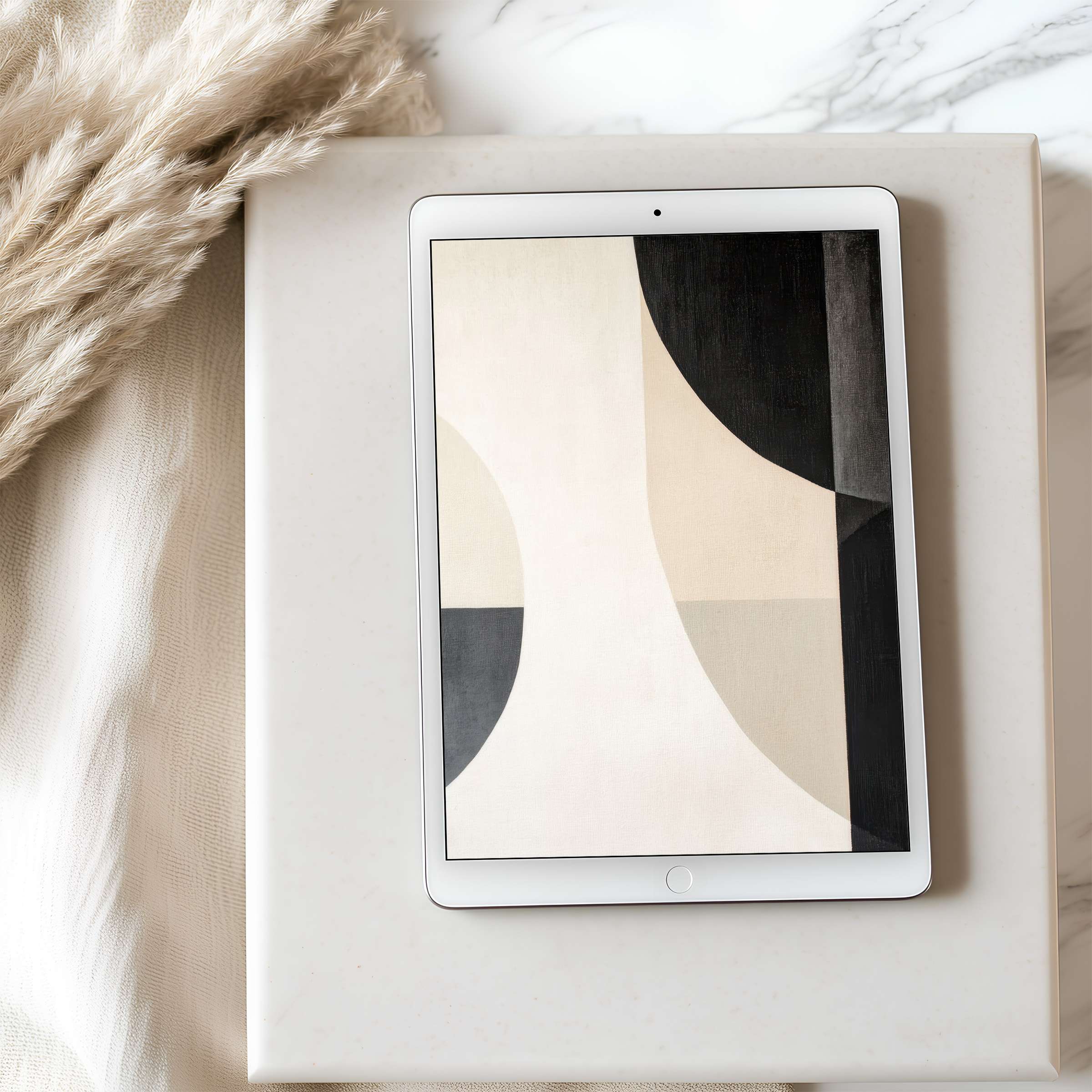 Elegant tablet wallpaper featuring abstract geometric art in neutral tones, perfect for iPad high-resolution display, instant download