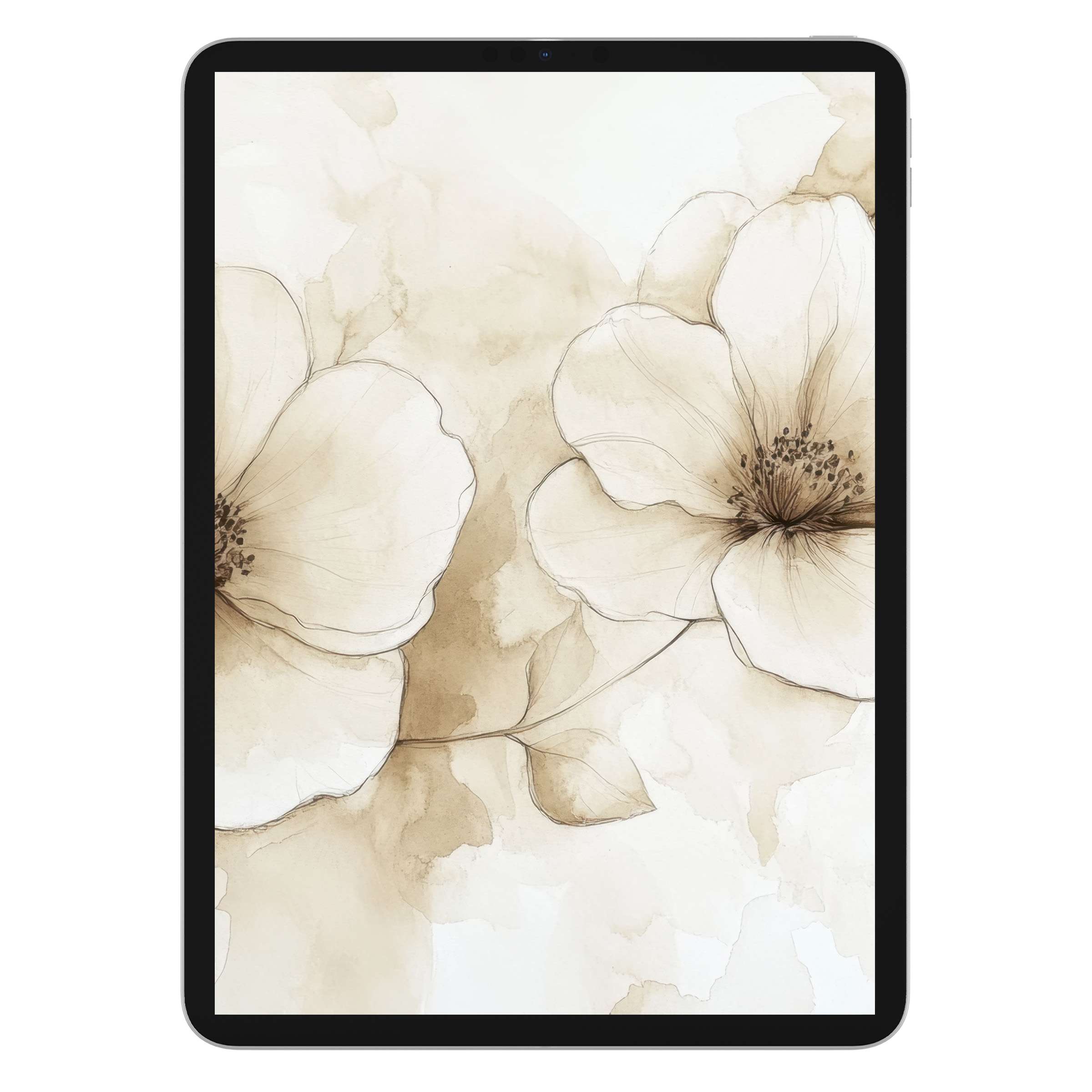 Neutral iPad wallpaper showcasing elegant beige floral watercolors, ideal digital download for serene tablet background art lovers