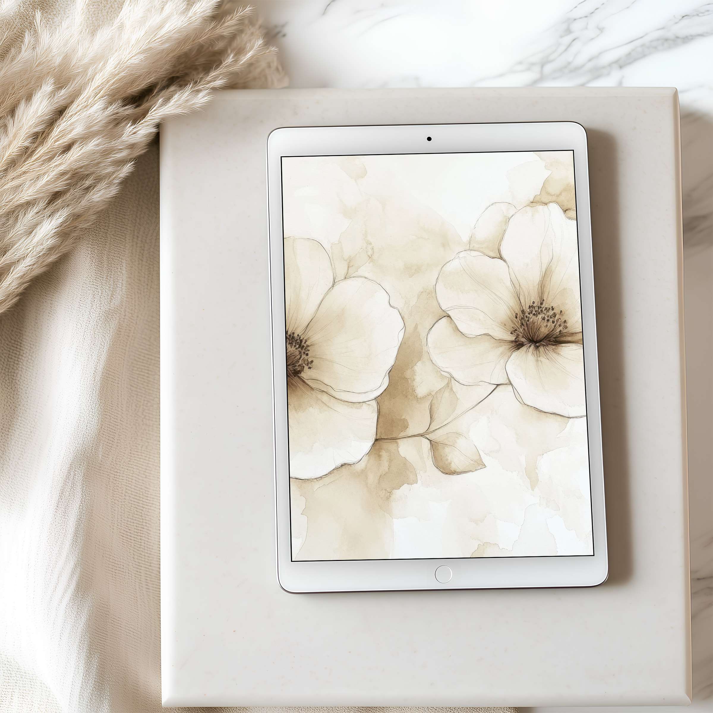 Elegant floral tablet wallpaper with soft beige hues enhances calm and aesthetics, suitable for high resolution iPad downloads