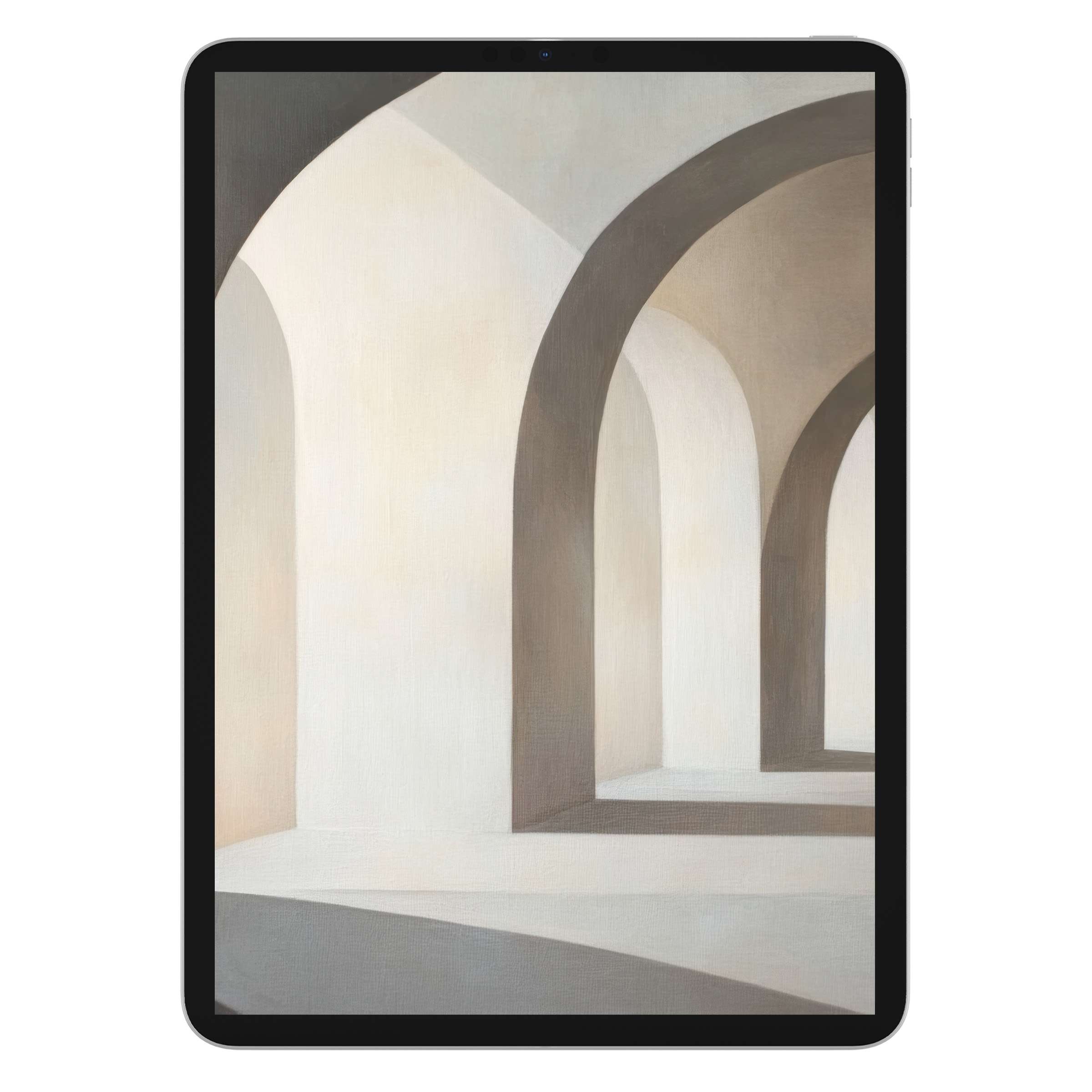 Neutral iPad wallpaper with elegant arches casting shadows in soft tones offers a serene digital download background for tablets