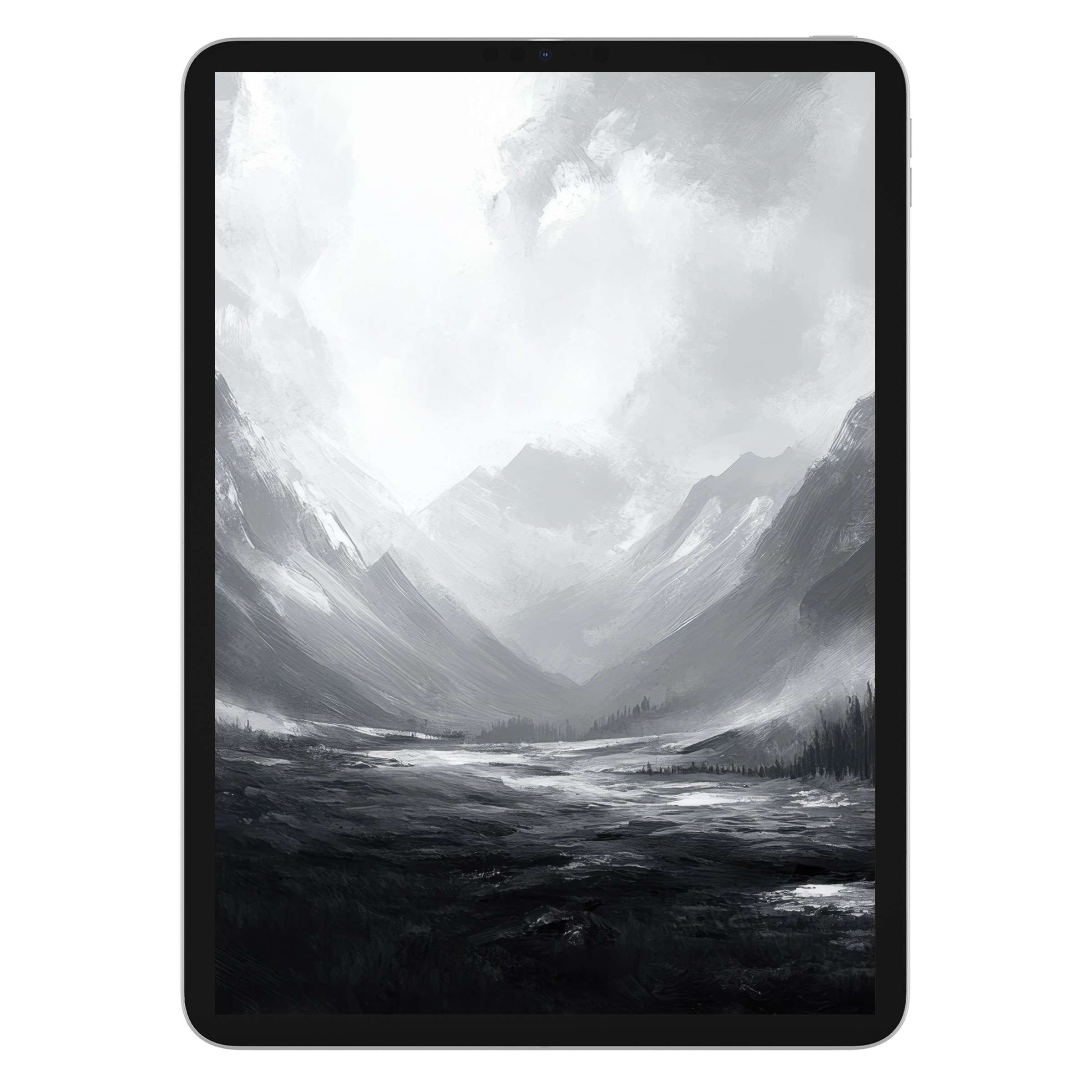 Neutral iPad wallpaper featuring a serene grayscale mountain landscape, perfect digital download for tablets, offering a calming background