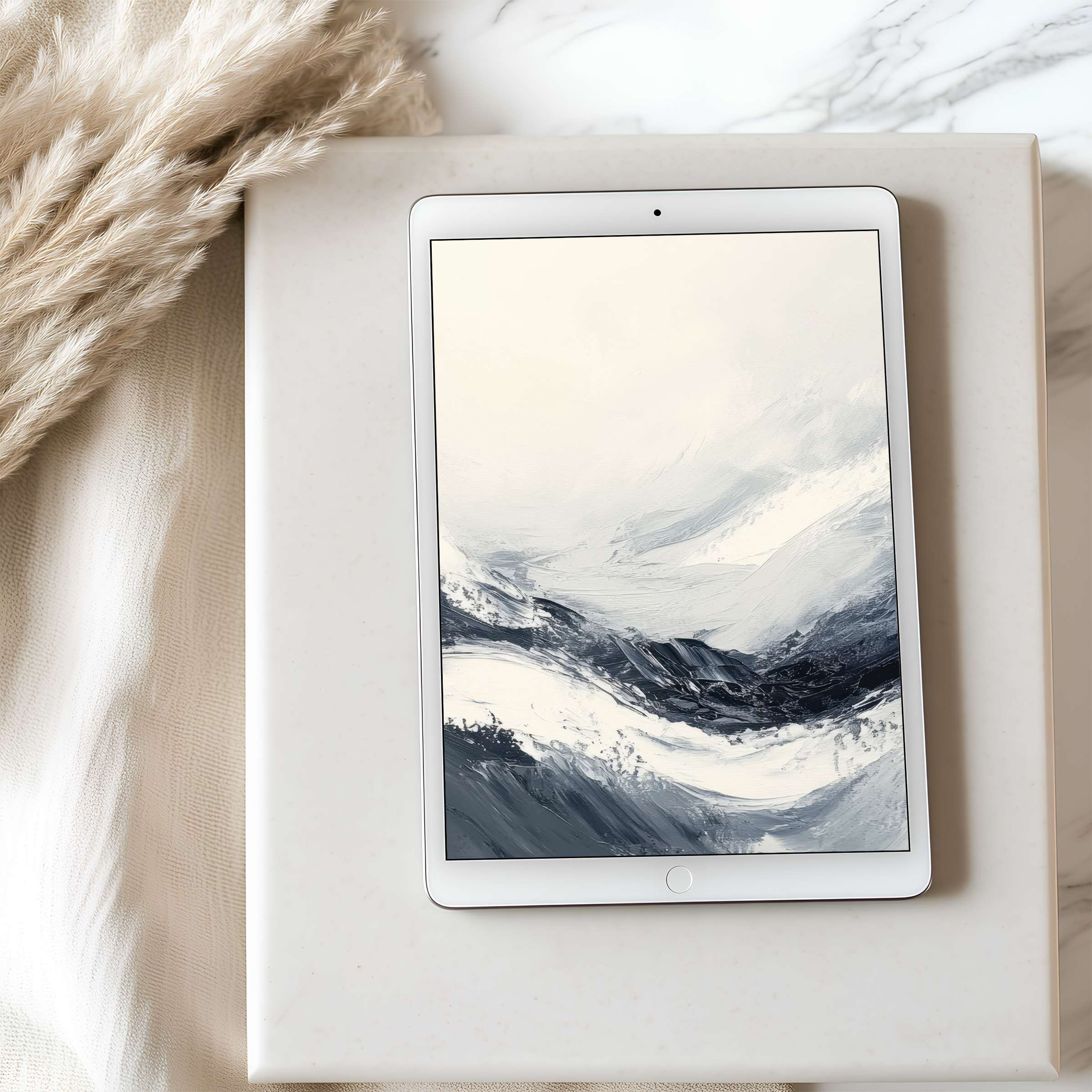 Elegant abstract tablet wallpaper in soothing greys and whites, perfect for iPad or Android download, enhances your creative space