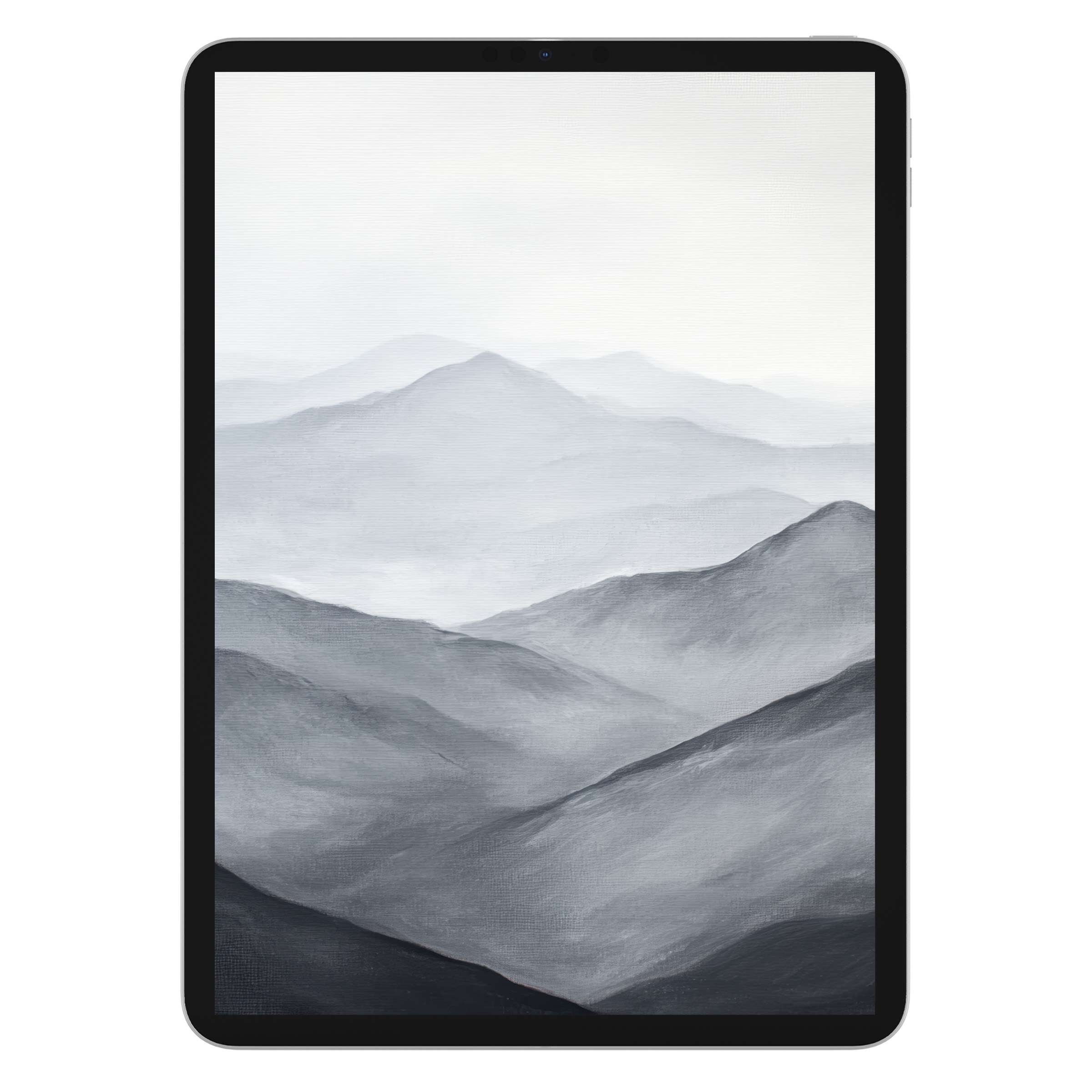 Neutral iPad wallpaper featuring serene grayscale mountain landscape, perfect digital download for tablet background, enhancing calmness and style
