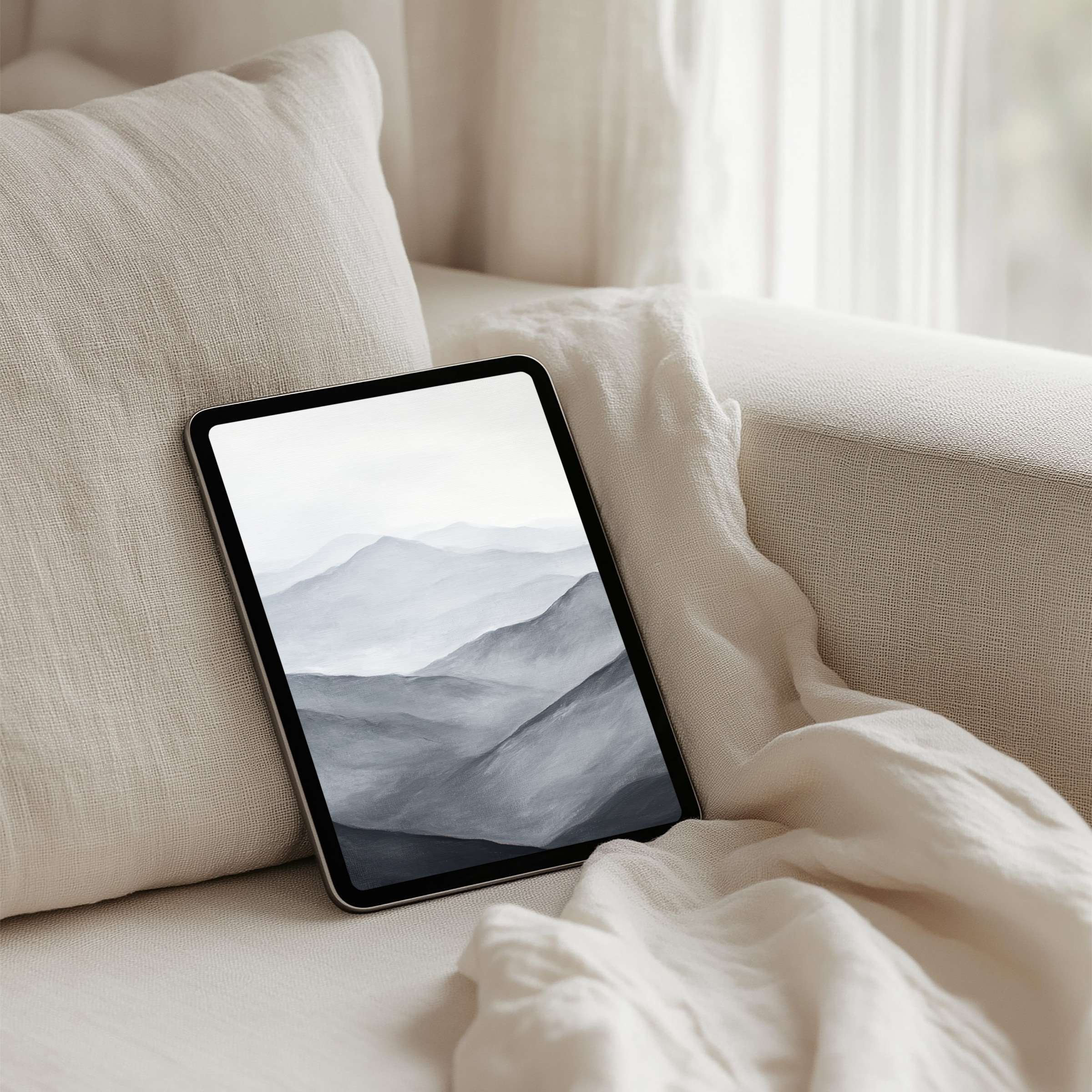 Serene monochrome mountain art as iPad background offers instant download for tablet users seeking calm inspiration and elegance
