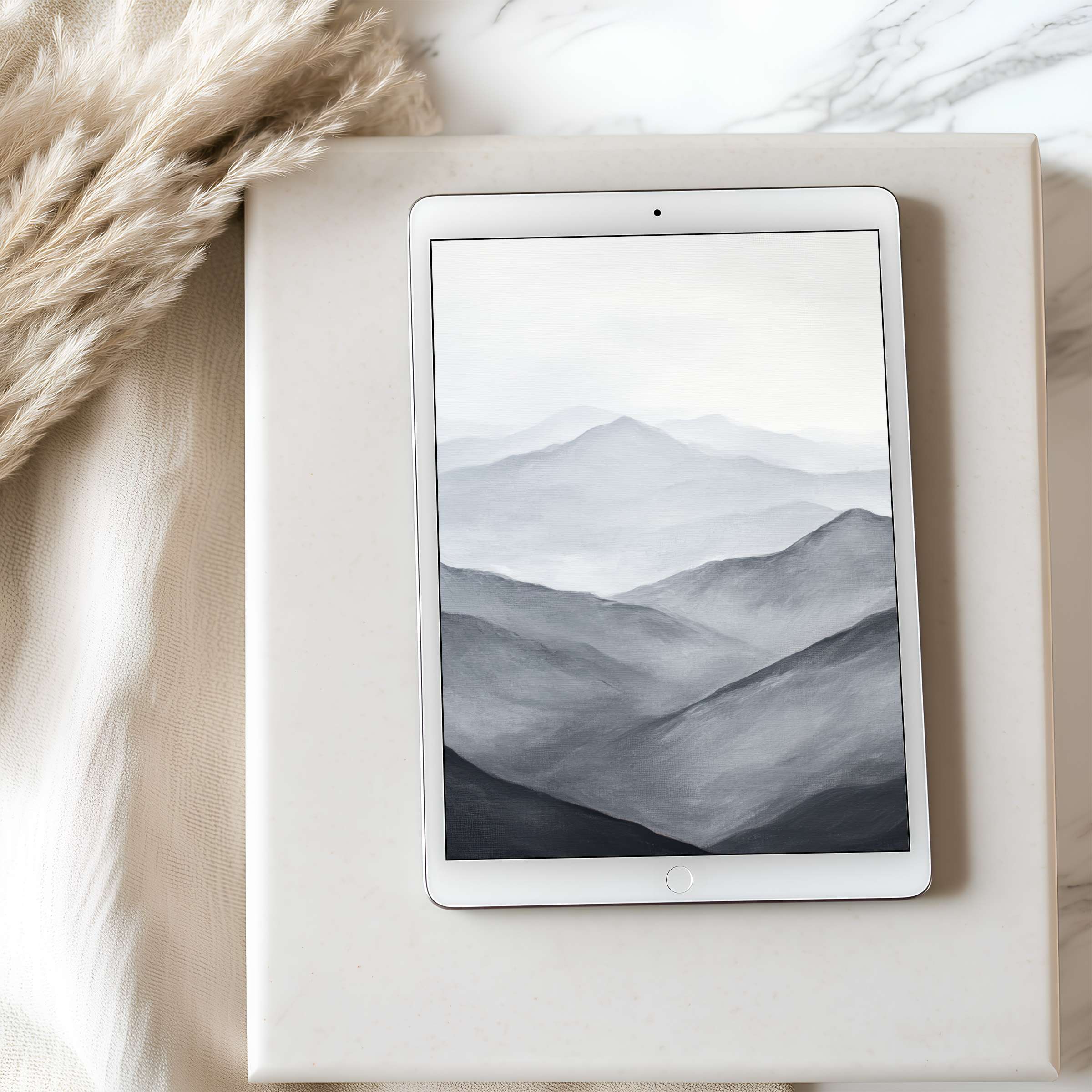 Serene mountain landscape tablet wallpaper in elegant grayscale tones offers a calming high-resolution download for iPad or Android tablets