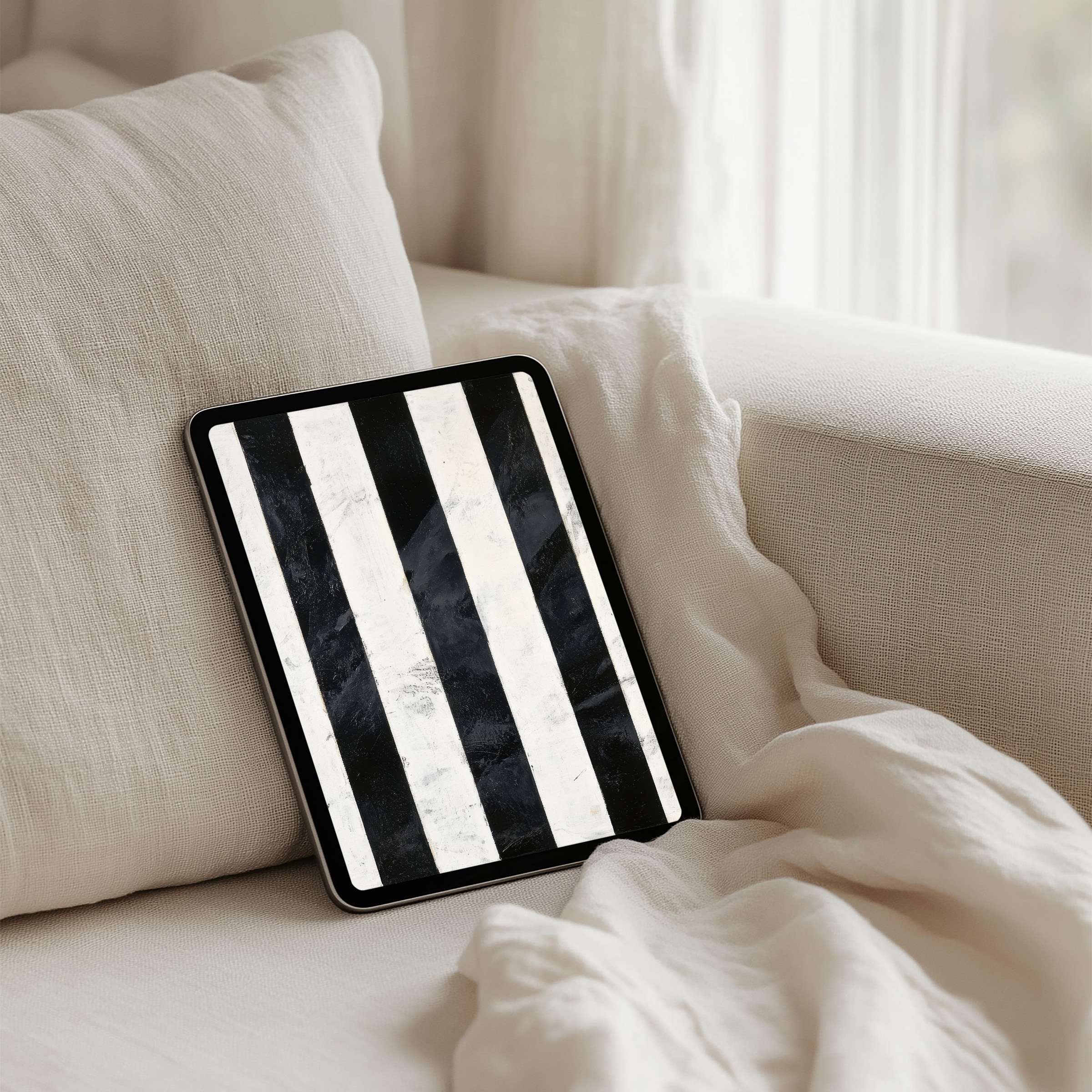 Elegant black and white striped iPad background on soft linen couch inspires calm and mindfulness instant download for any tablet