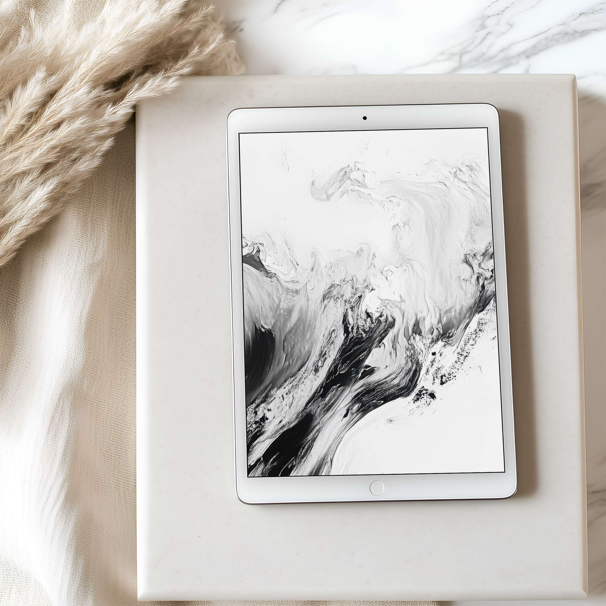 Elegant black and white abstract tablet wallpaper on iPad, offering calm aesthetics for high resolution digital download use