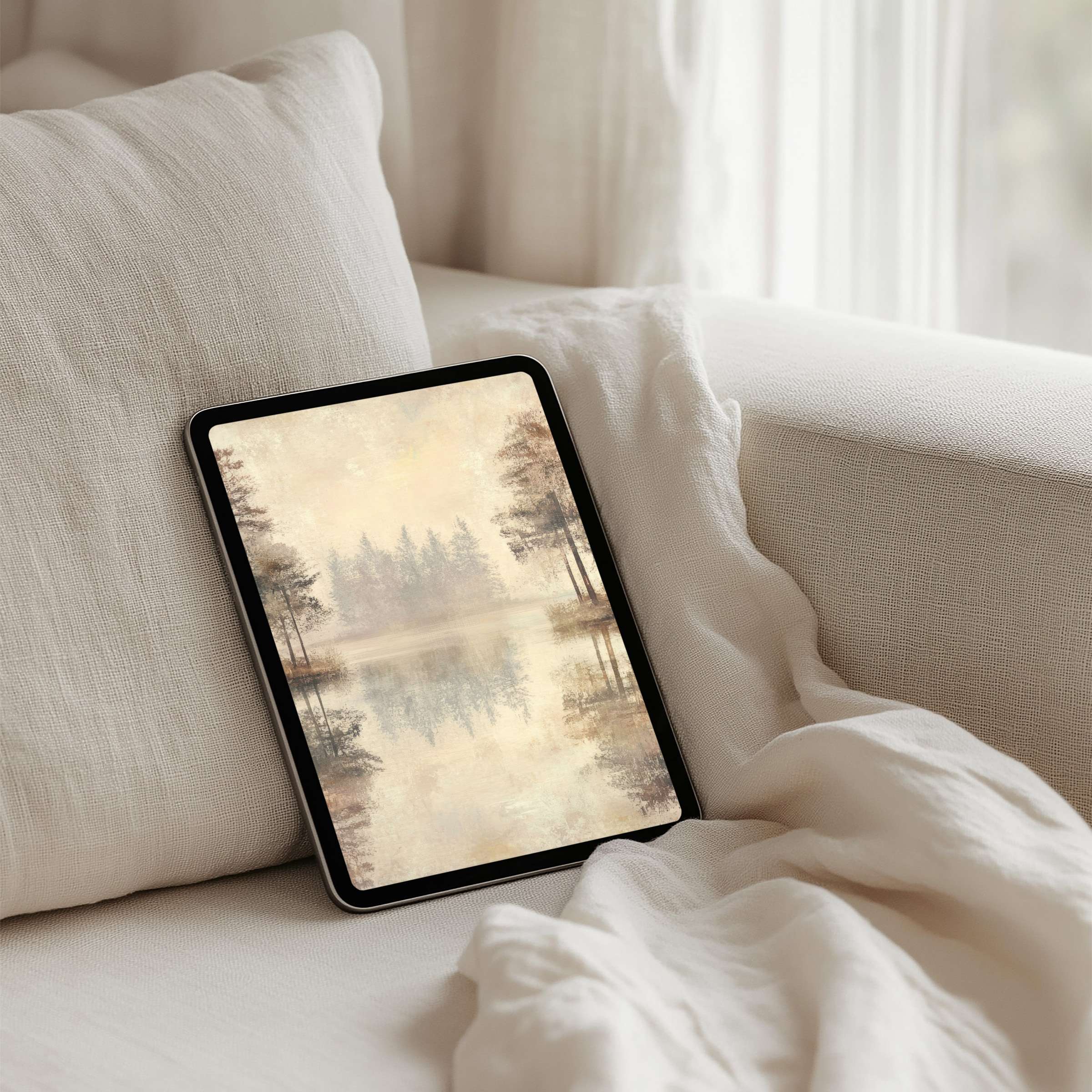 Serene iPad background featuring a misty forest reflection, ideal for tablet users seeking elegance and mindfulness through instant download