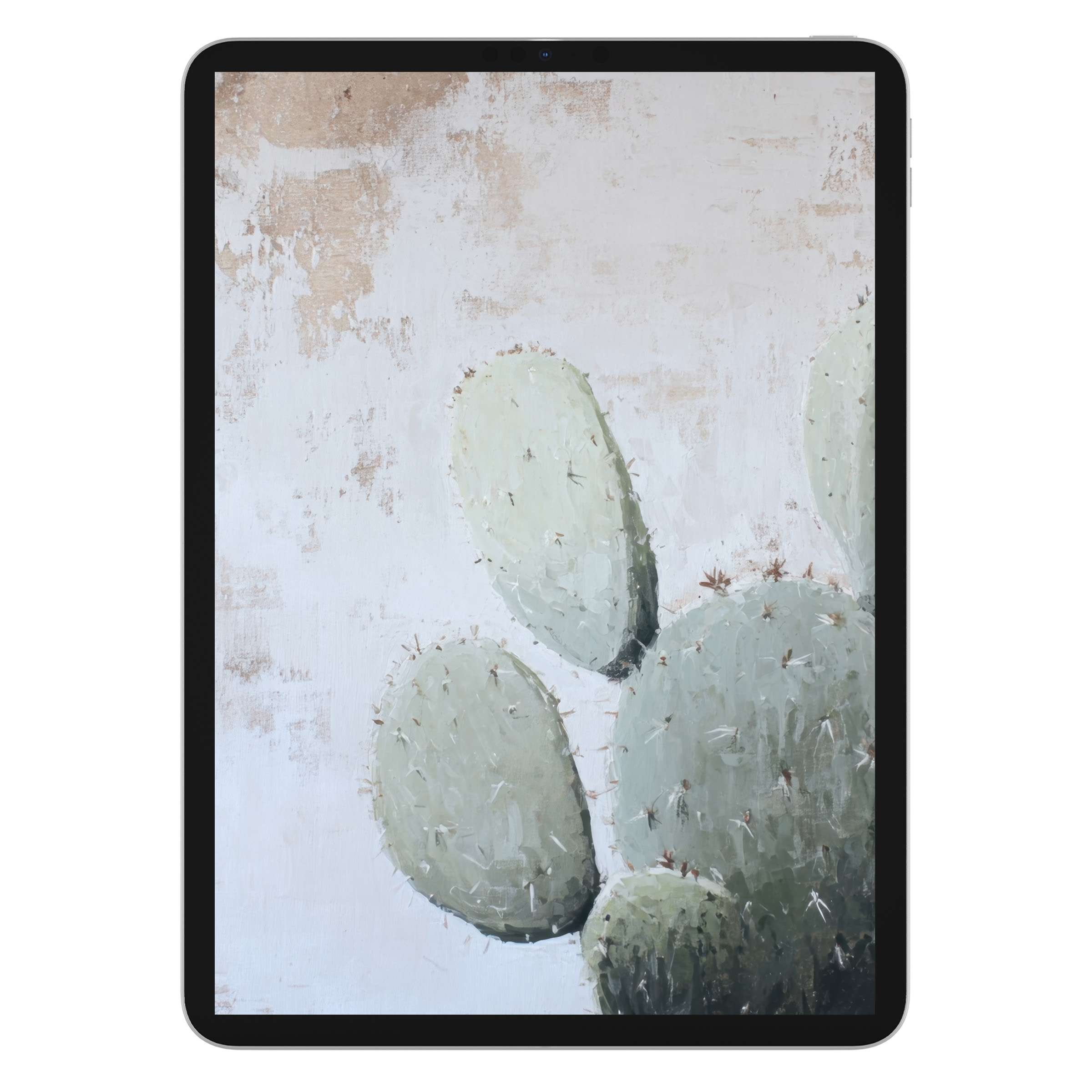 Neutral iPad wallpaper featuring a serene cactus painting, ideal digital download for elegant tablet background and calming design