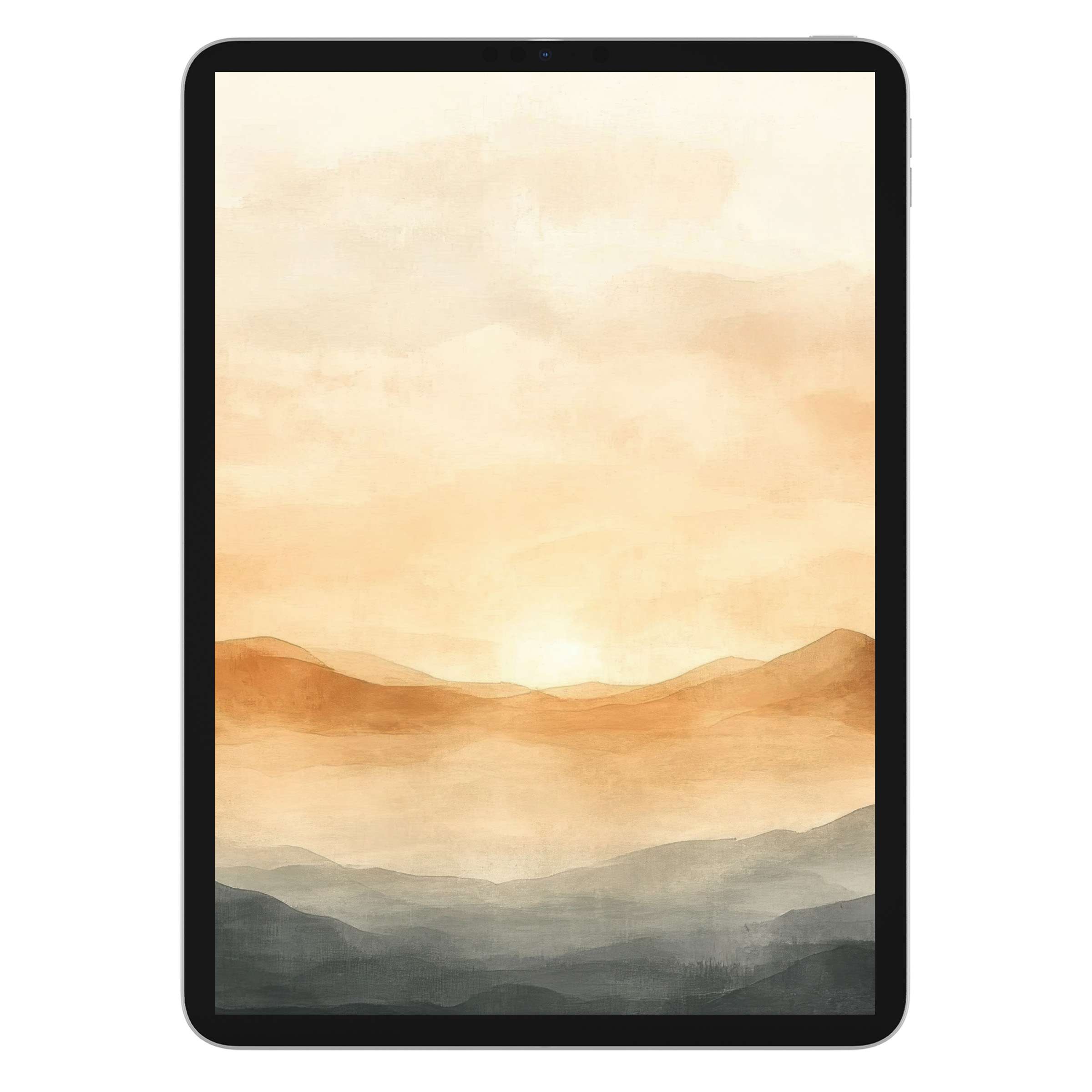 Neutral iPad wallpaper with serene watercolor mountains, offering a calm digital download background for tablets like iPad and Android