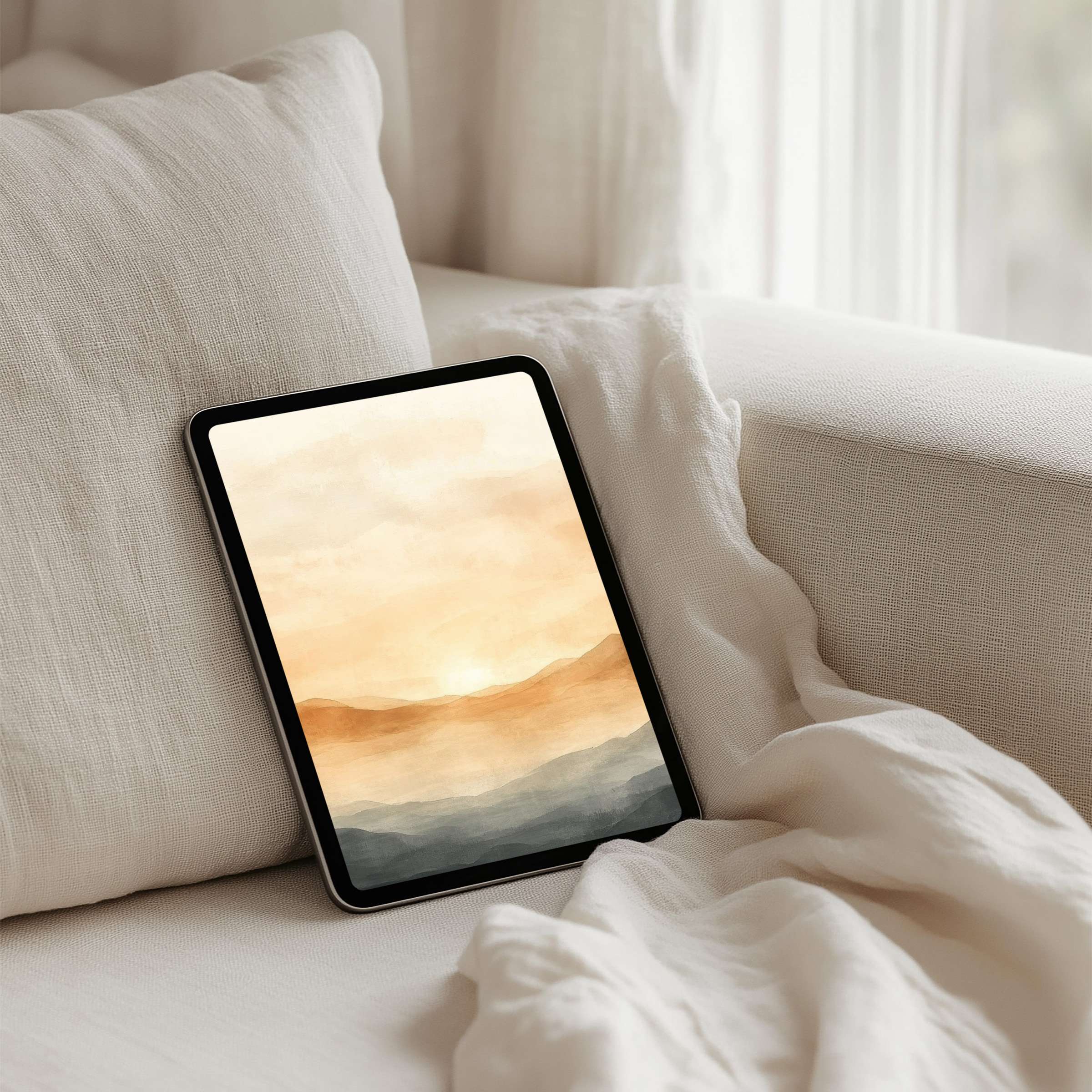 Elegant watercolor landscape iPad background on a tablet in a serene beige setting offers instant download for inspired mindfulness