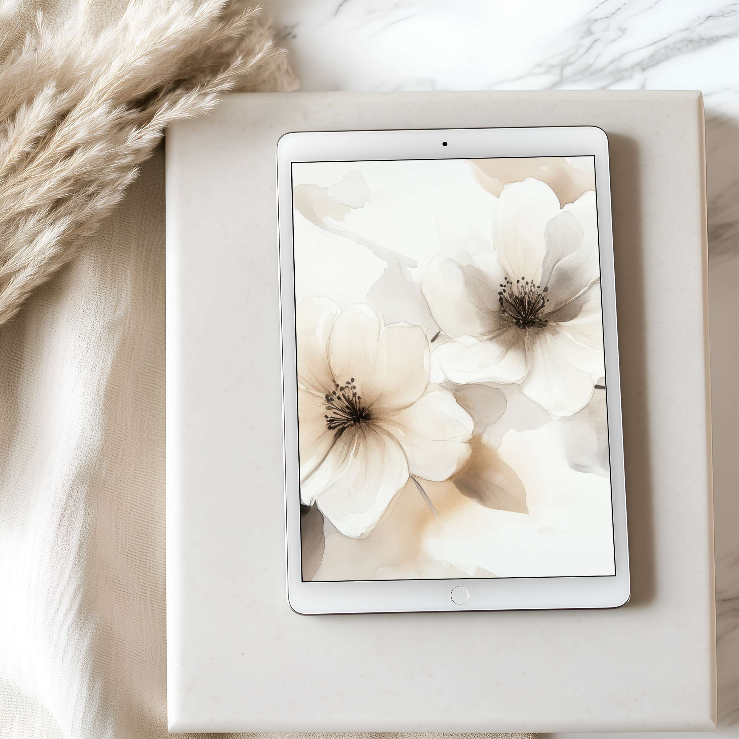 Elegant floral tablet wallpaper in soft beige tones, perfect for iPad Enjoy high-resolution tranquility on any tablet, digital download