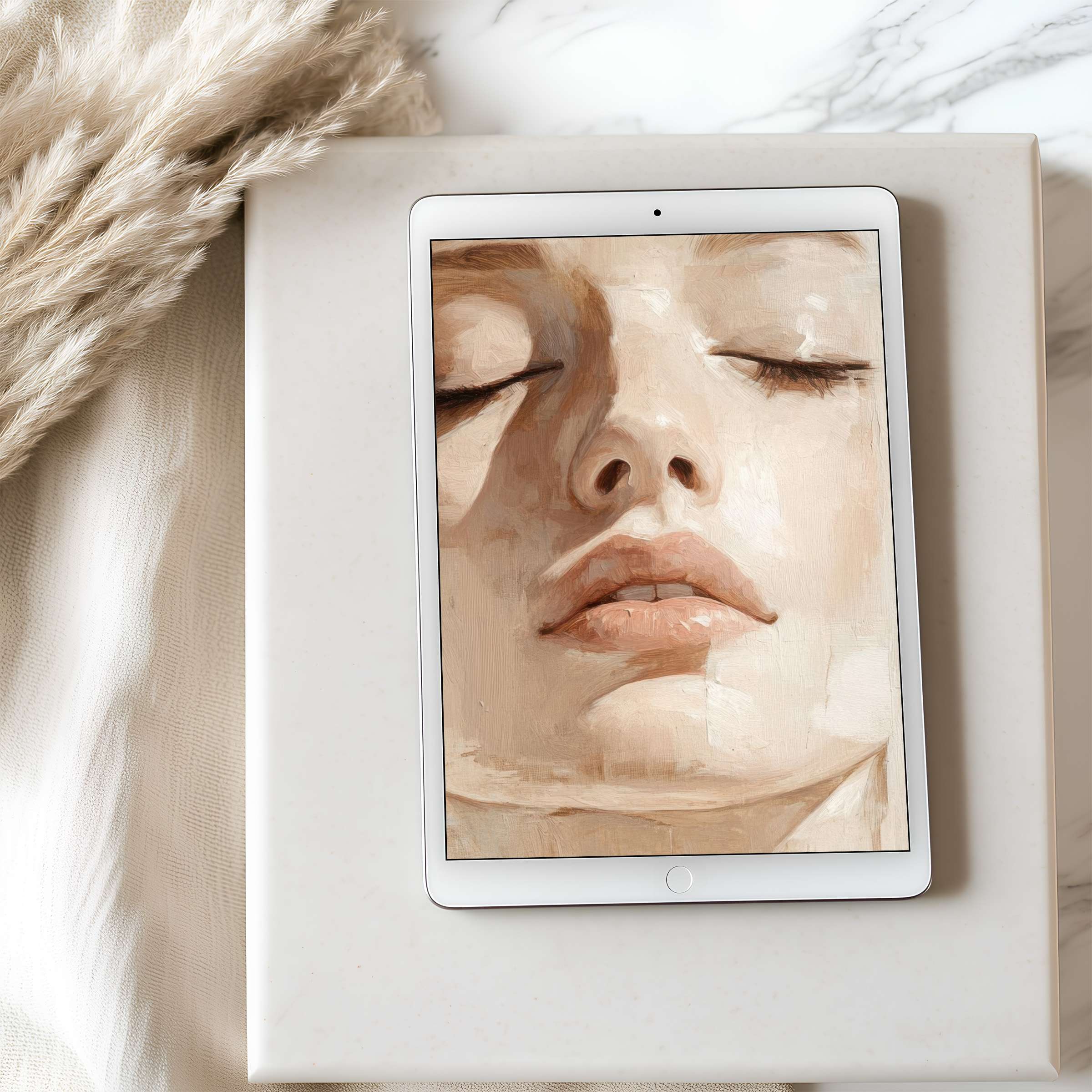 Elegant tablet wallpaper featuring a serene portrait in soft neutrals, perfect for iPad high resolution downloads, enhancing interiors