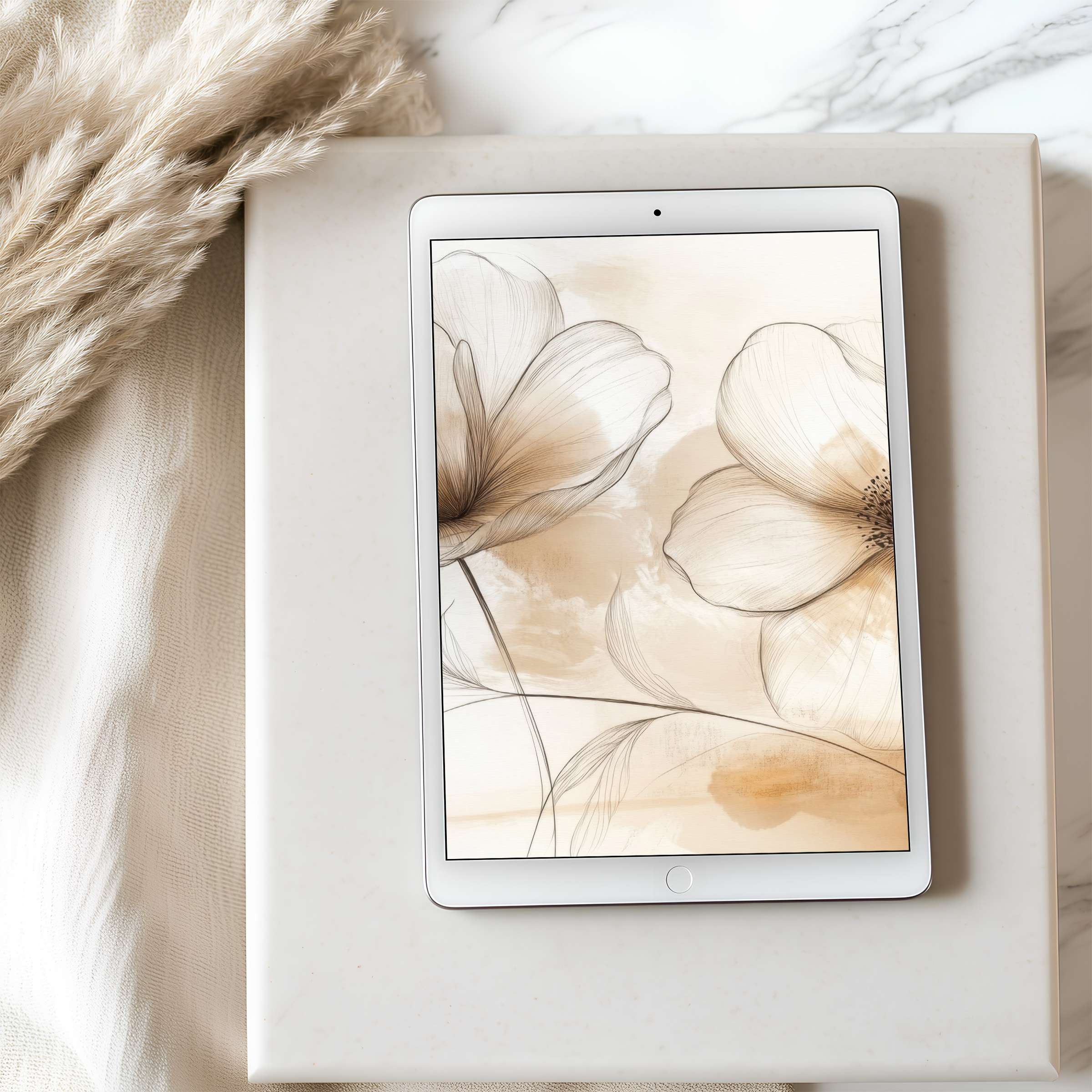 Elegant floral tablet wallpaper in soft beige tones provides a serene digital escape, perfect for high resolution iPad and Android tablets