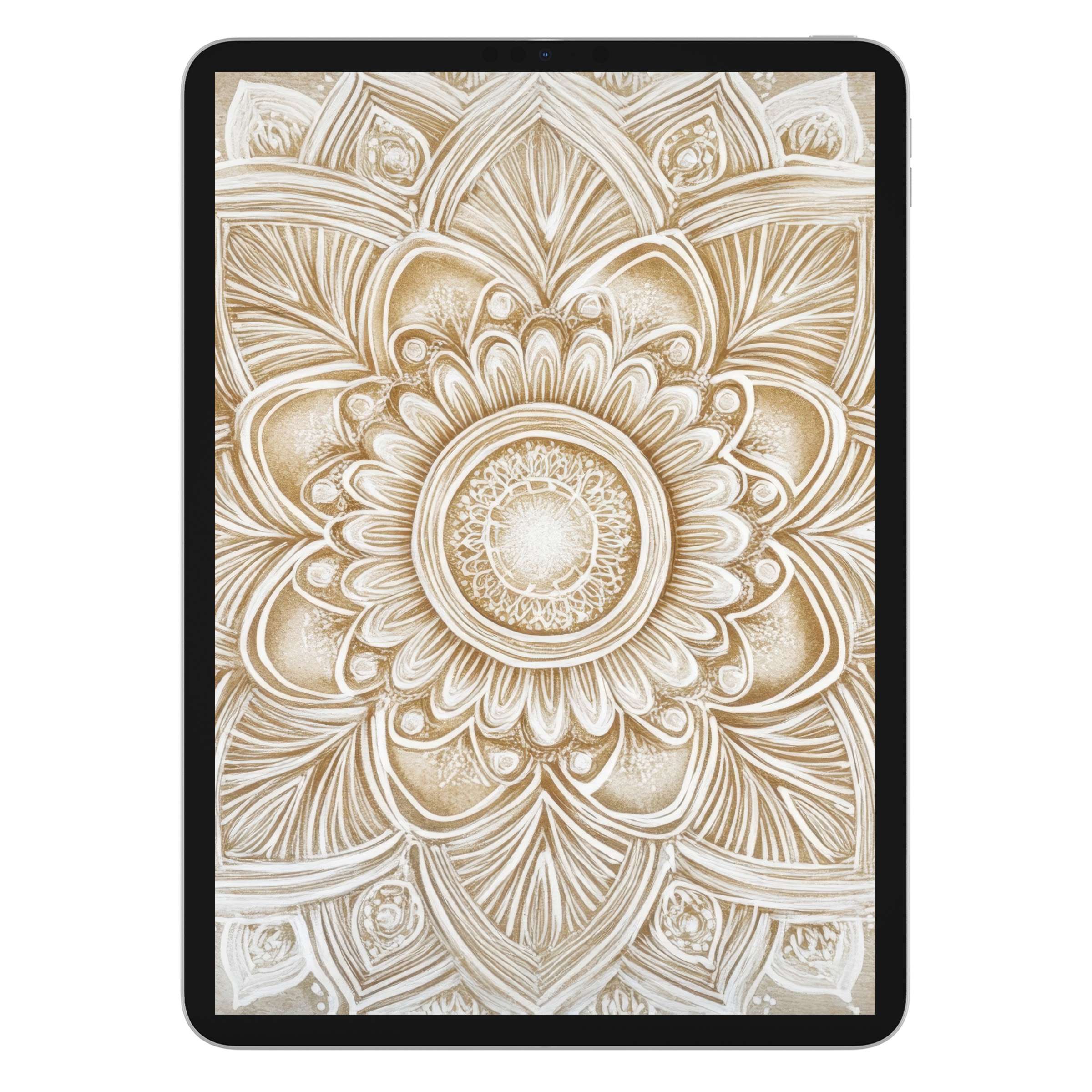 Intricate mandala neutral iPad wallpaper exudes calm with earthy tones, ideal digital download as an elegant tablet background
